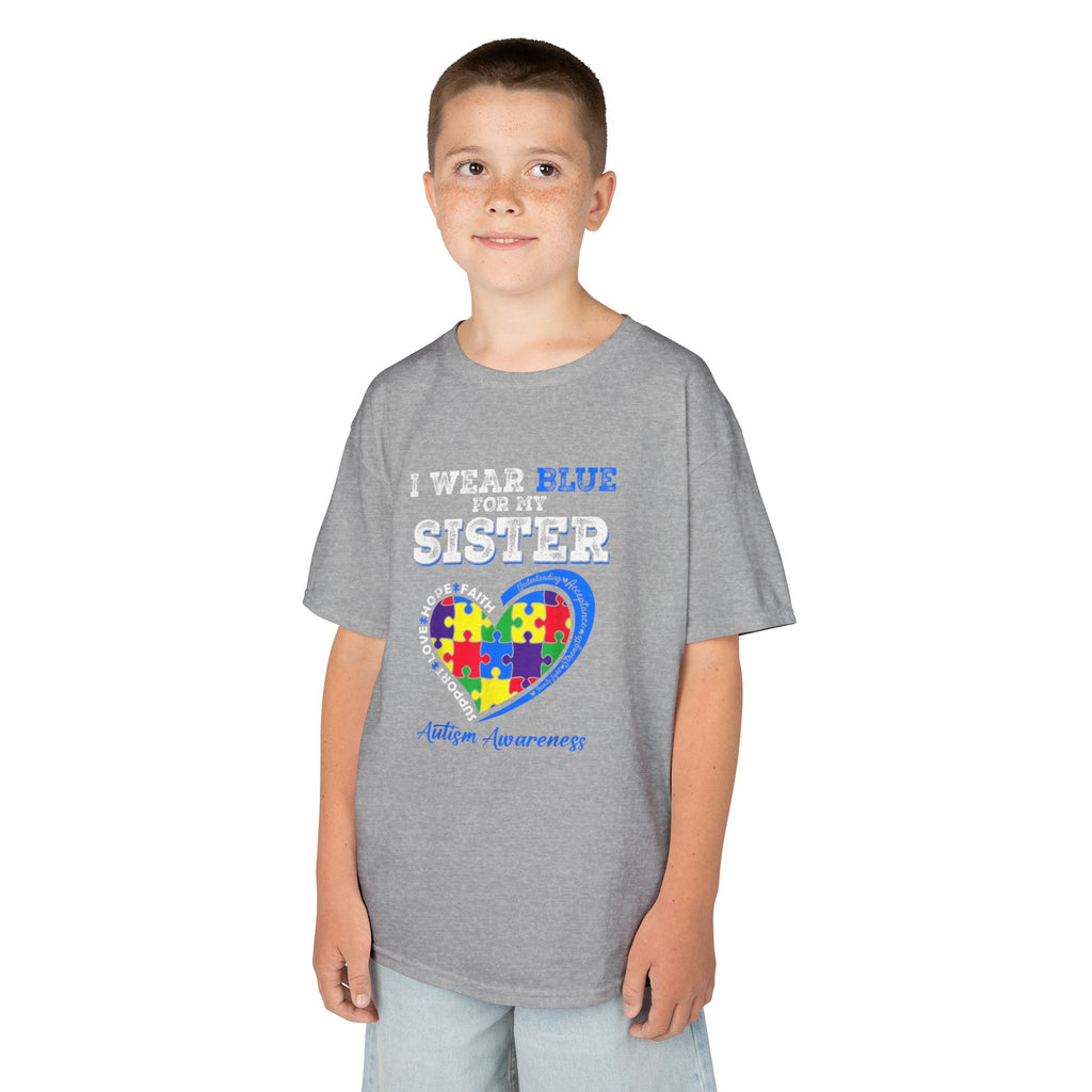 Autism Awareness Kids Tee — "I Wear Blue For My Sister" Puzzle Heart