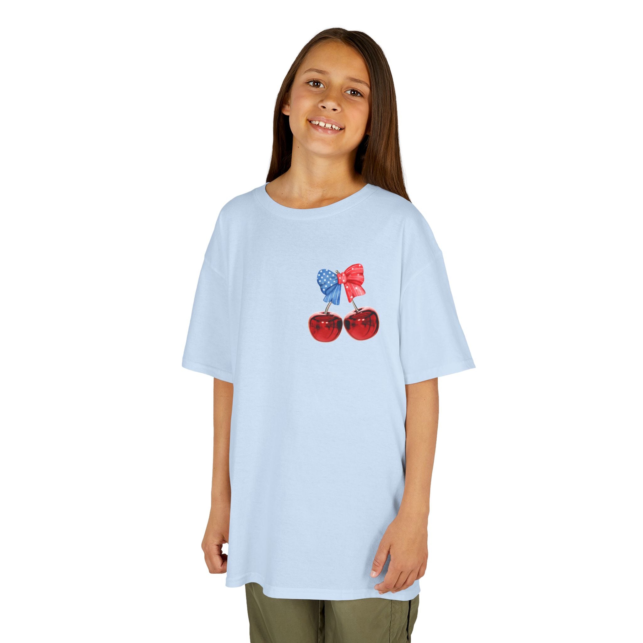 Kids Tee — Patriotic Cherry Graphic "All American Girl" — 4th of July Summer Shirt