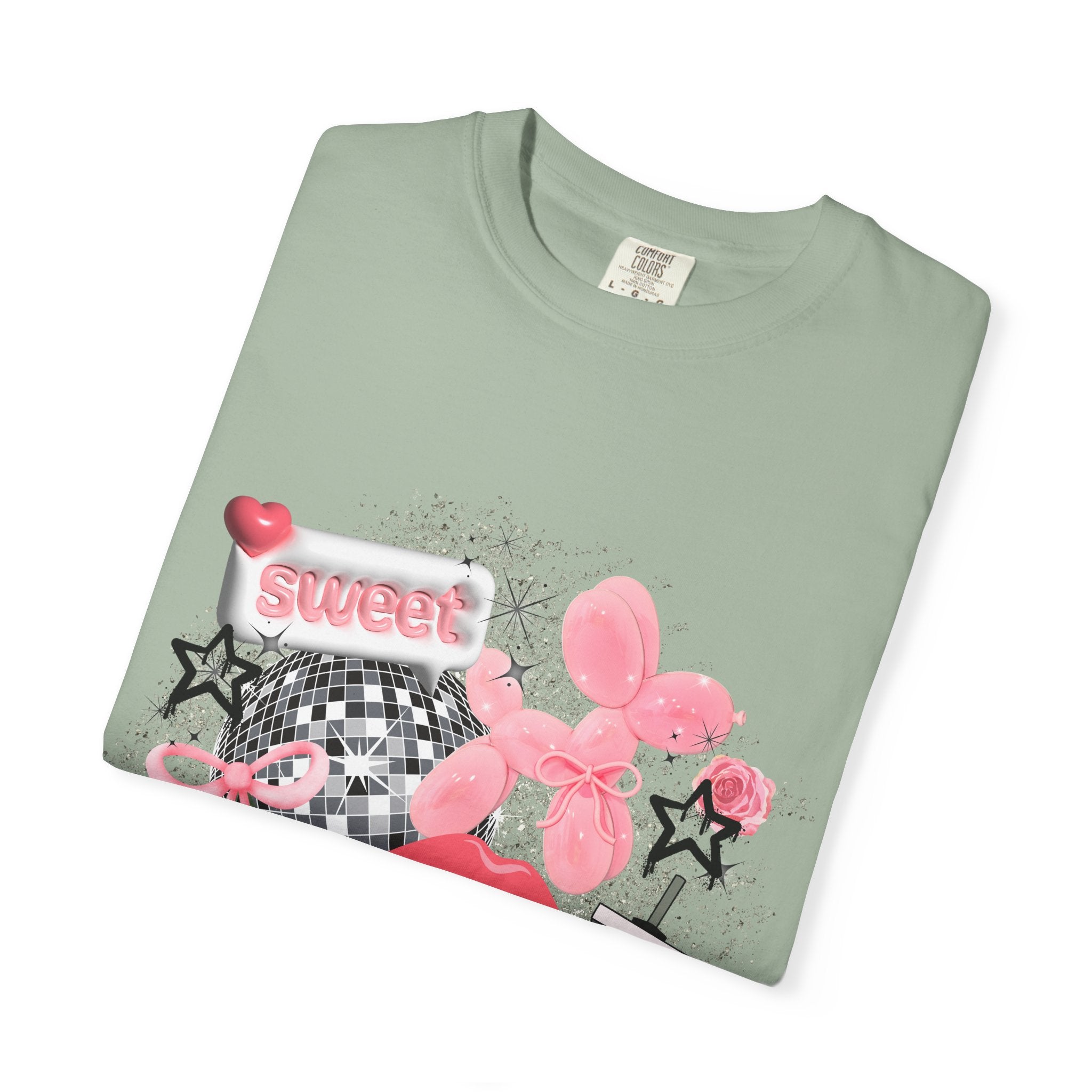 Sweet Kitsch Graphic T-Shirt — Pink Hearts, Lips & Strawberry Design