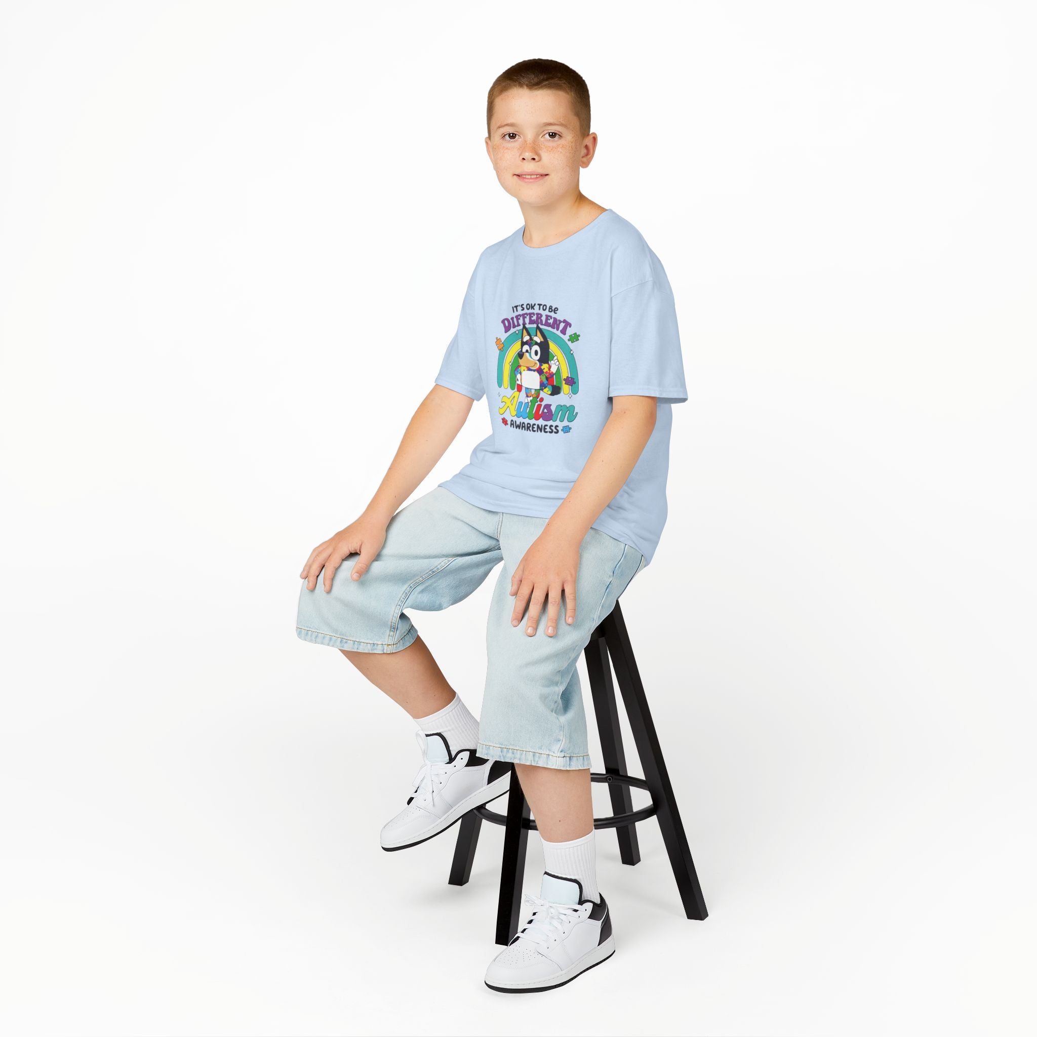 Kids Tee — "It's OK to Be Different" Autism Awareness Rainbow Design
