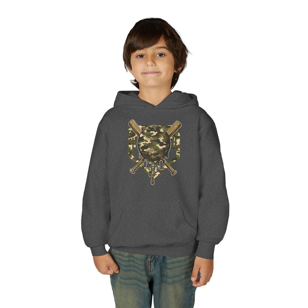 Youth Camo Baseball Crest Hoodie – Camouflage Bat & Home Plate Graphic