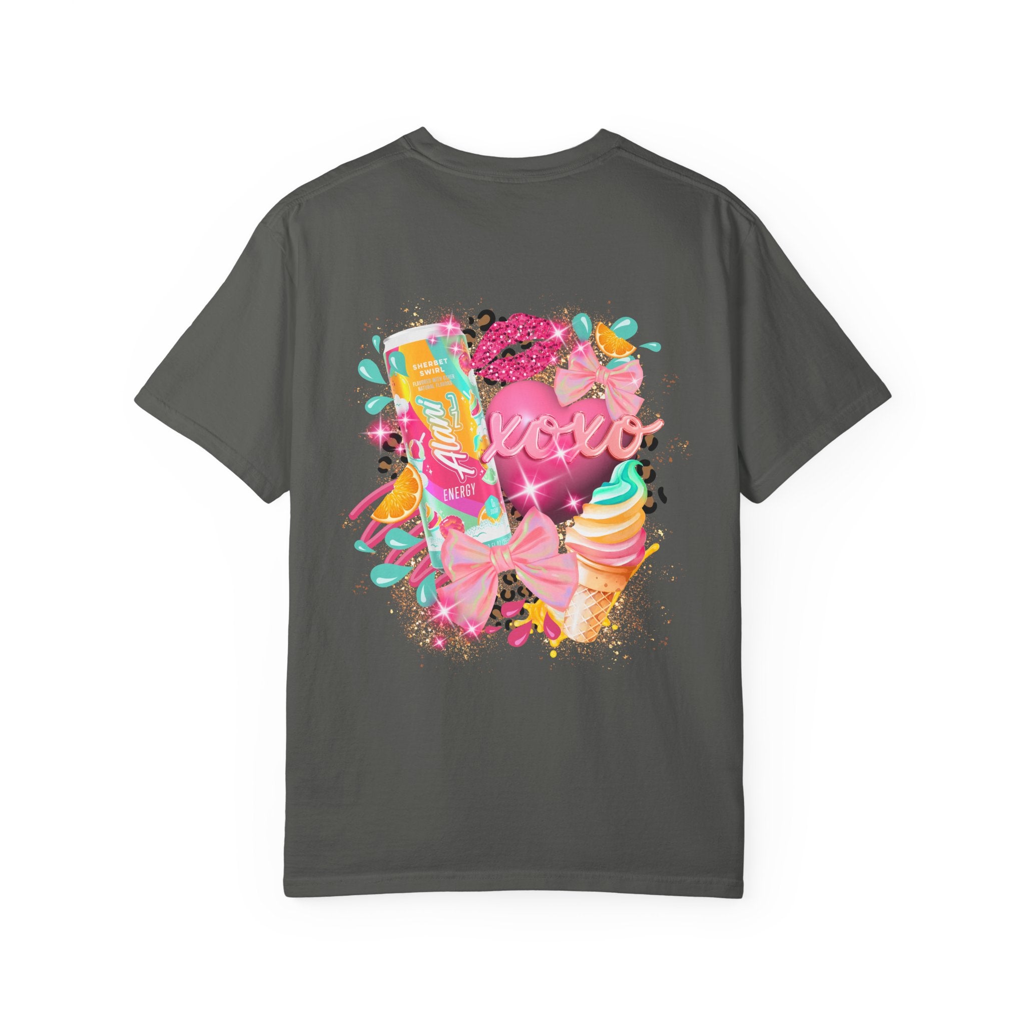 Graphic T-Shirt — Vibrant Pink Dessert Collage with 'Alani Nu' Chest Script