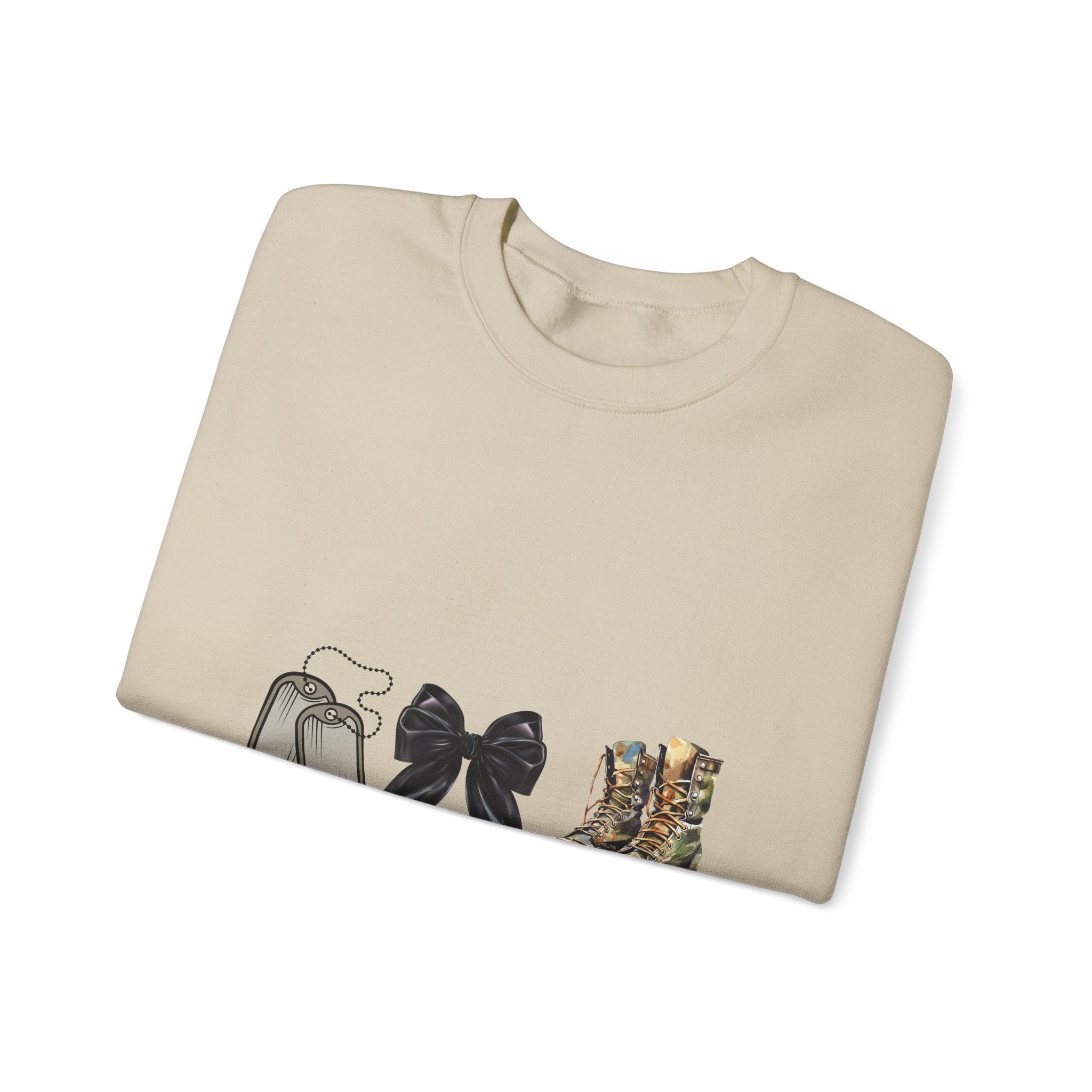 Crewneck Sweatshirt — "He's Working" Graphic with Boots, Bow & Baby Shoes