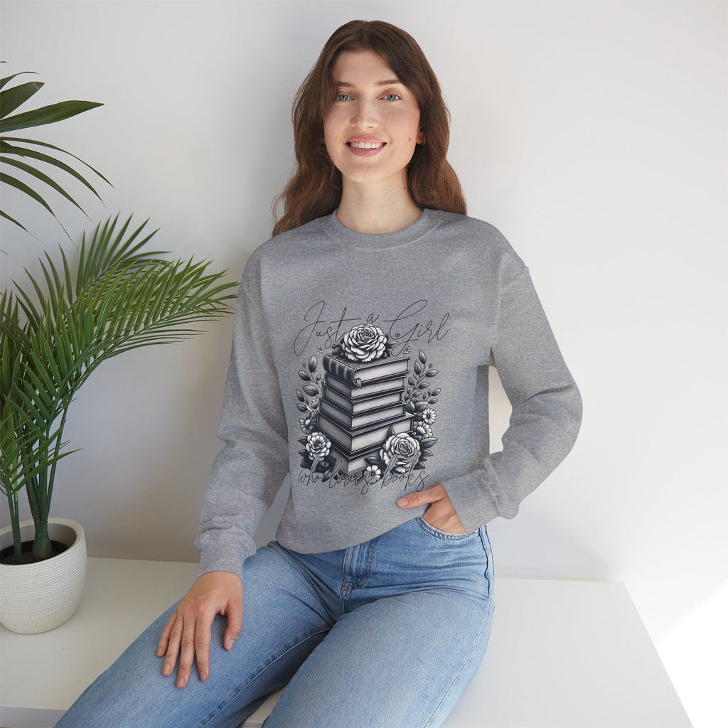 Book Lover Crewneck Sweatshirt — "Just a Girl Who Loves Books" Floral Stack Design
