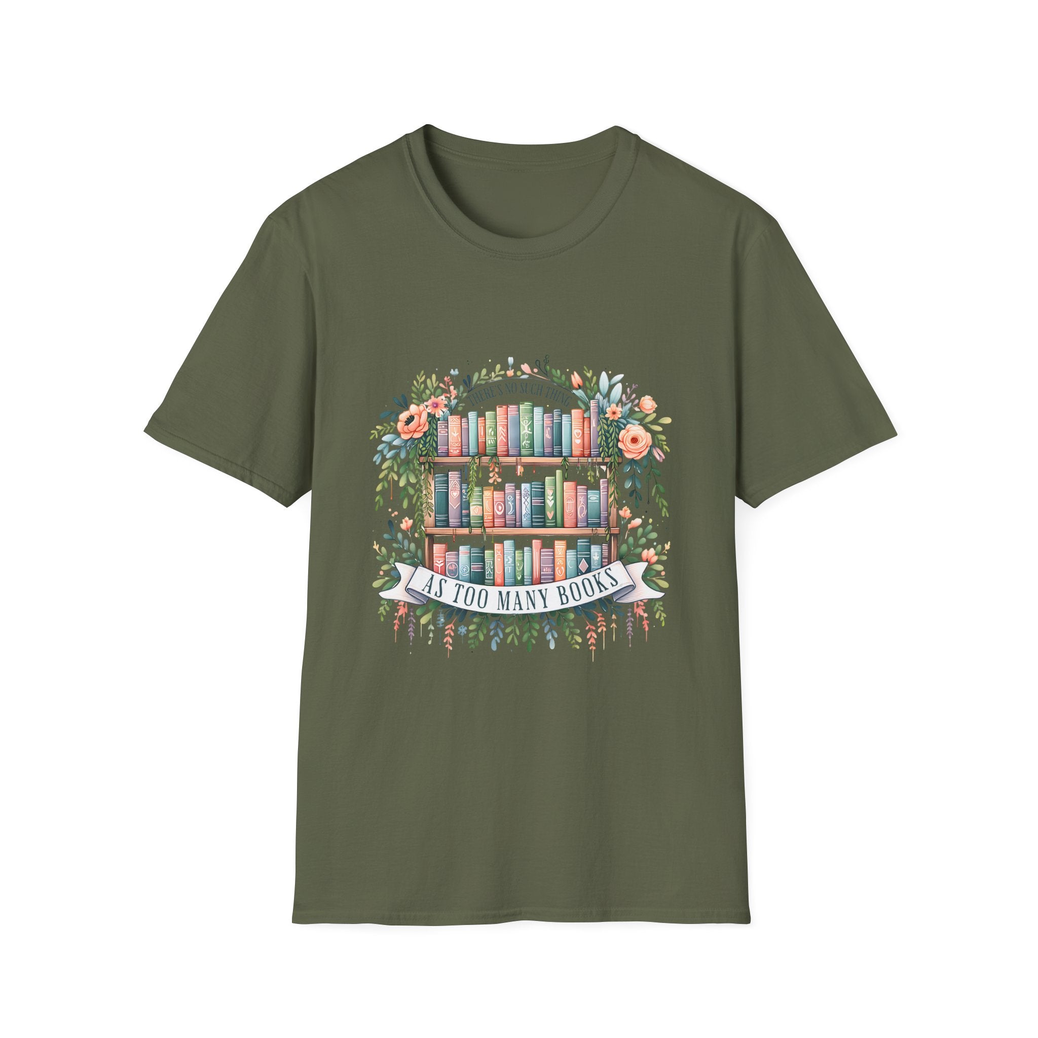 Booklover T-Shirt — Floral Bookshelf "Too Many Books" Graphic Tee