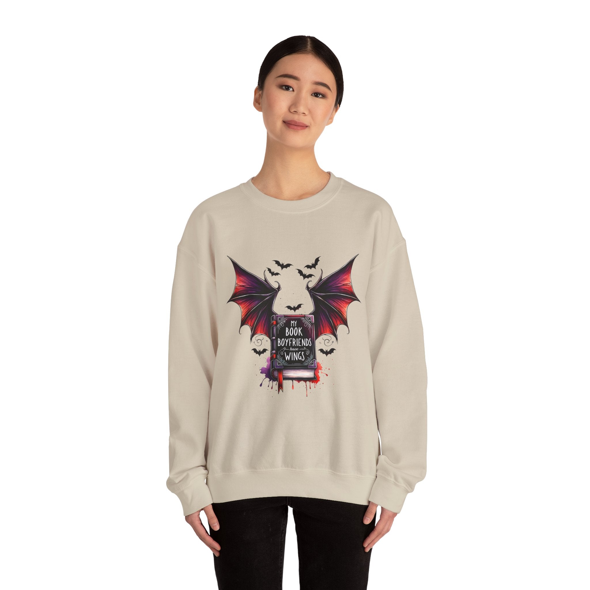 Bat Wings Book Lover Sweatshirt – "My Book Boyfriend Has Wings" Gothic Reading Crewneck