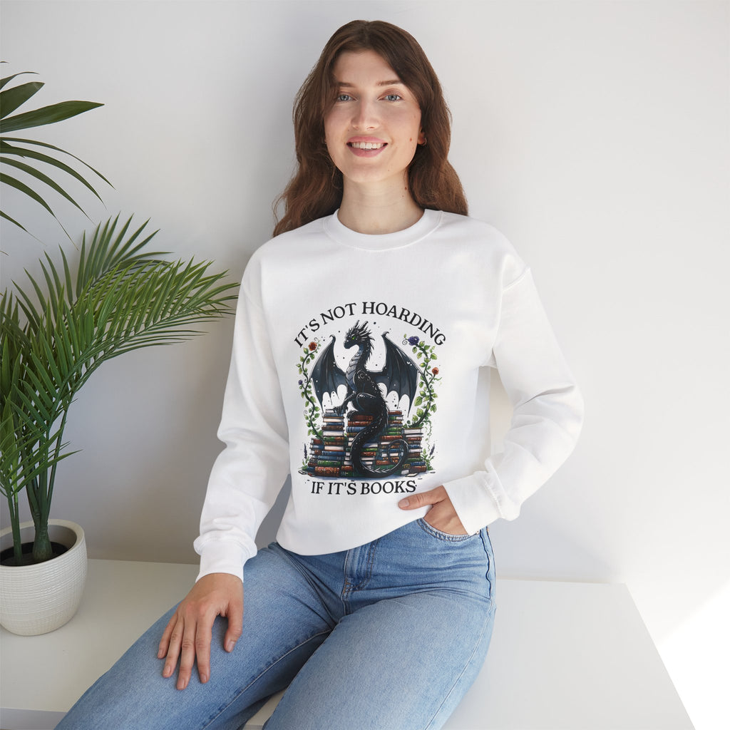 Book Dragon Crewneck Sweatshirt — "It's Not Hoarding If It's Books" Cozy Reader Pullover