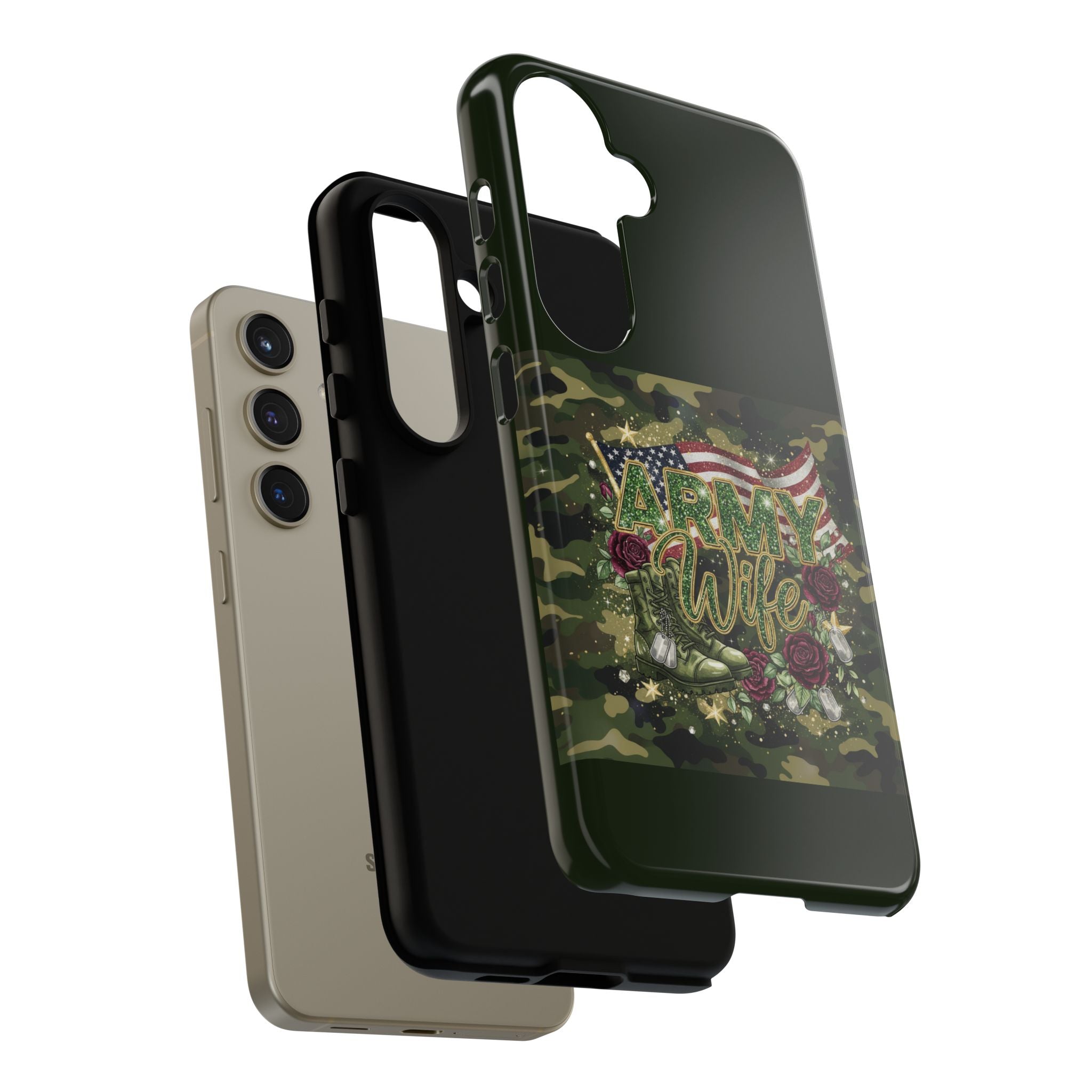 Army Wife Tough Phone Case — Camo Flag Design with Roses