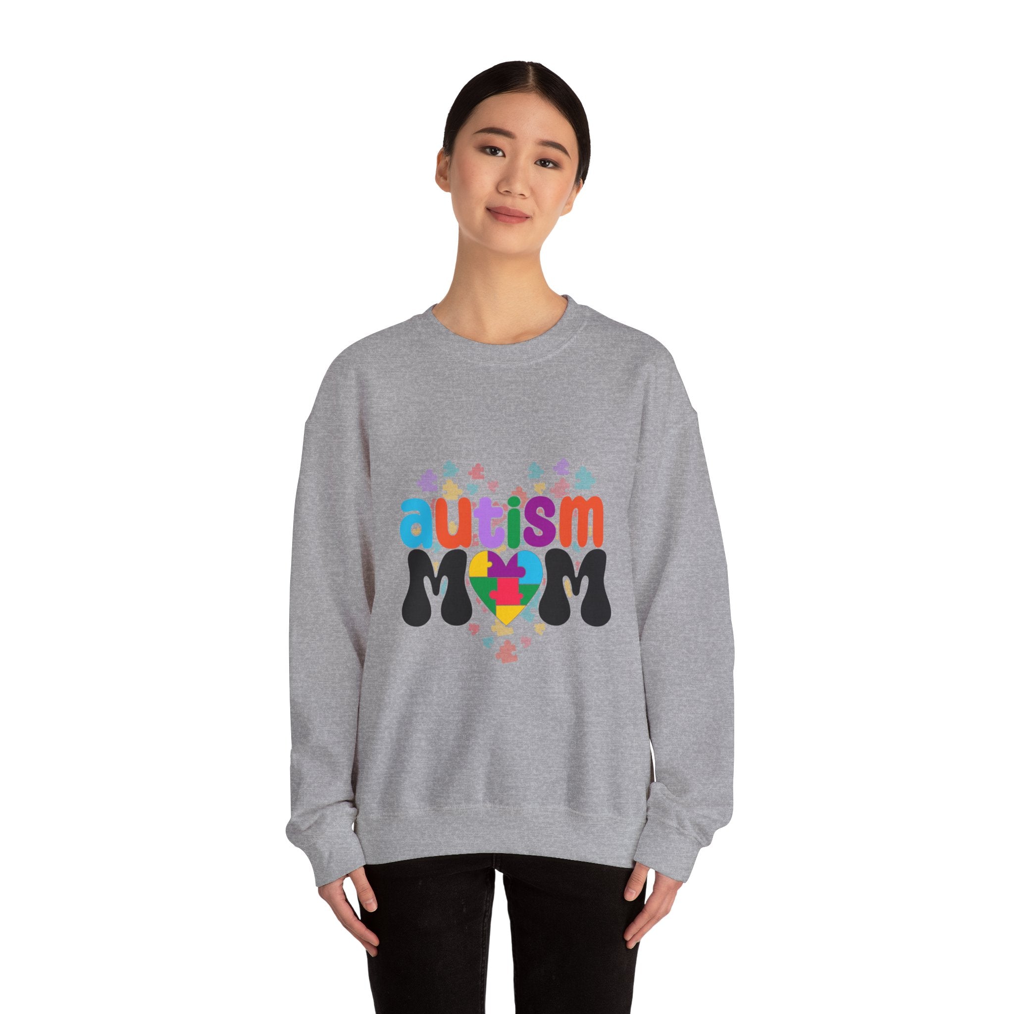 Autism Mom Crewneck Sweatshirt — Colorful Puzzle Heart Awareness Pullover