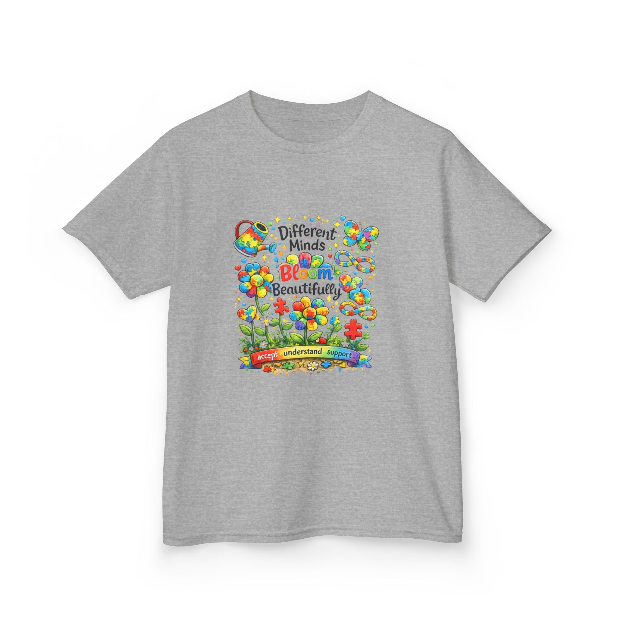 Kids Tee — "Different Minds Bloom Beautifully" Rainbow Flower Autism Awareness Shirt