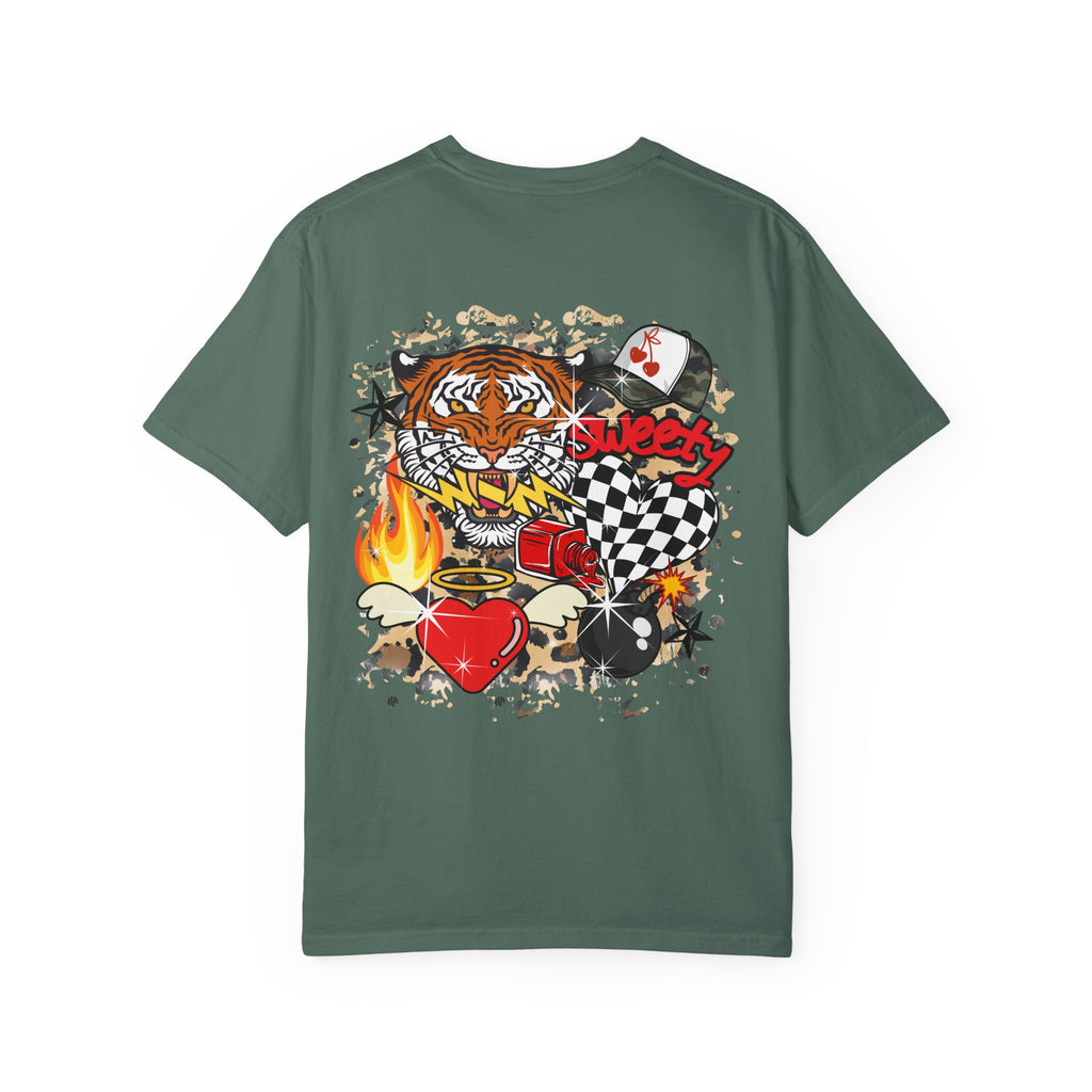 Graphic T-Shirt — Checker Heart & Tiger Collage Design