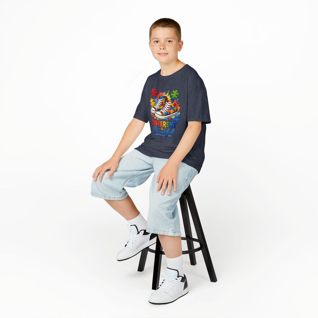 Kids T‑Shirt — 'Different Beautiful' Autism Awareness Sneakers Design