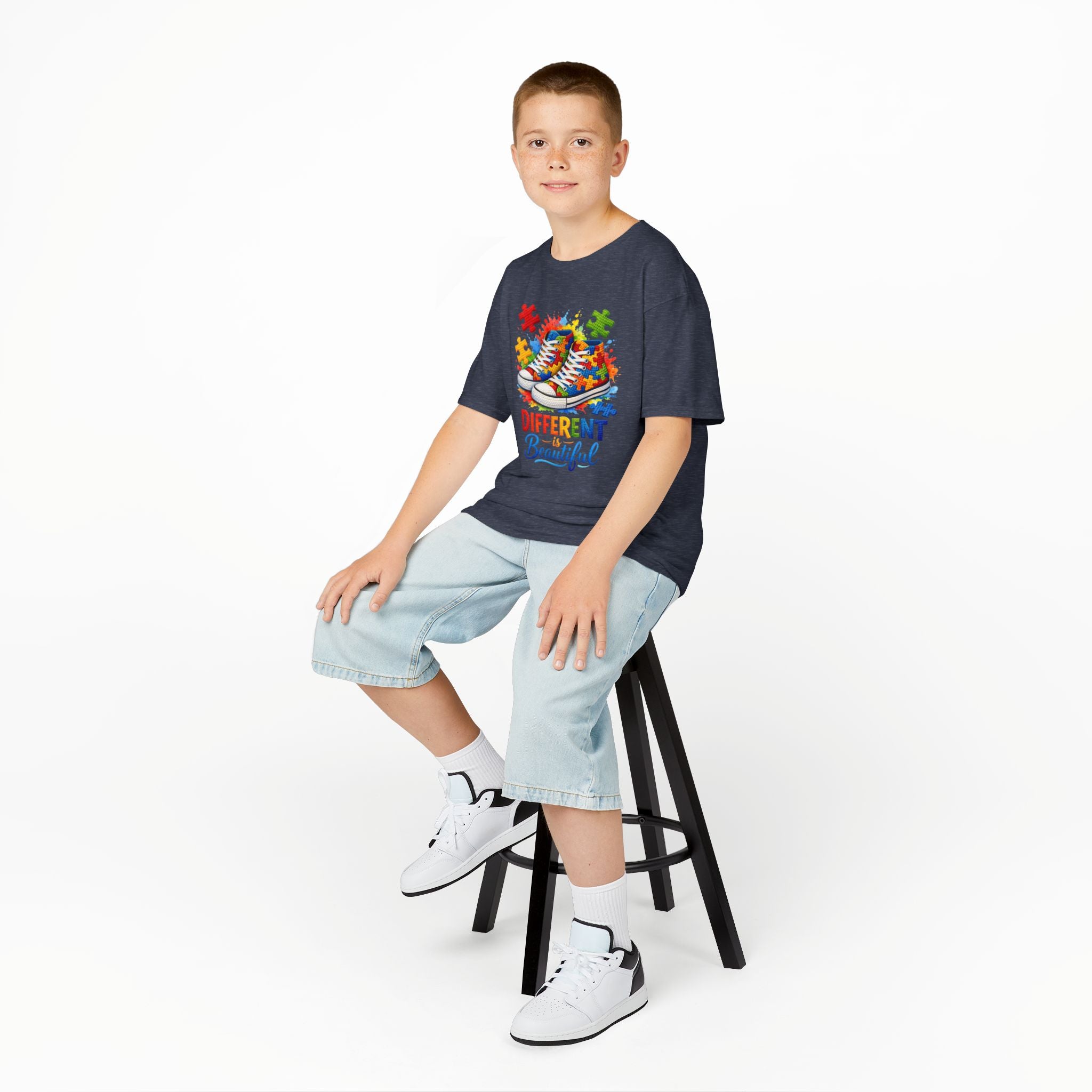 Kids T‑Shirt — 'Different Beautiful' Autism Awareness Sneakers Design