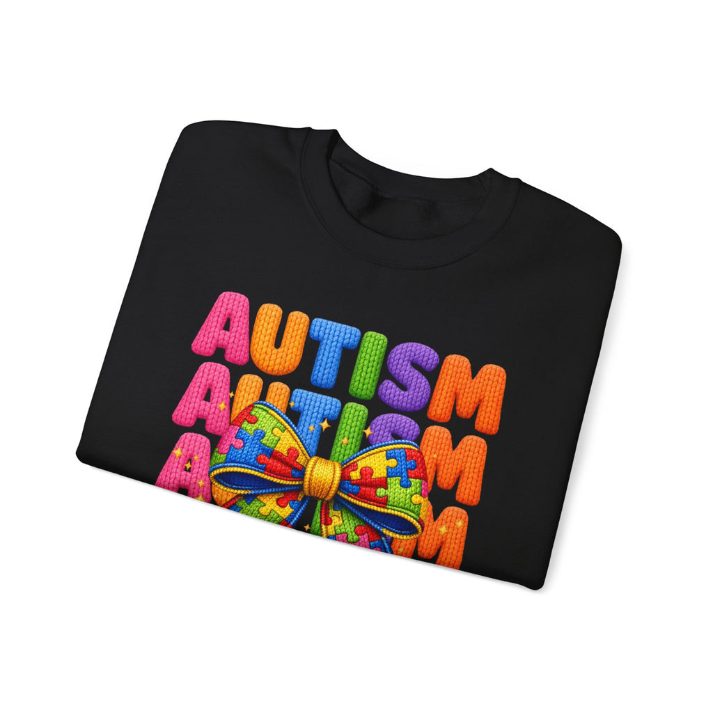 Autism Awareness Crewneck Sweatshirt — Colorful Puzzle Bow Design