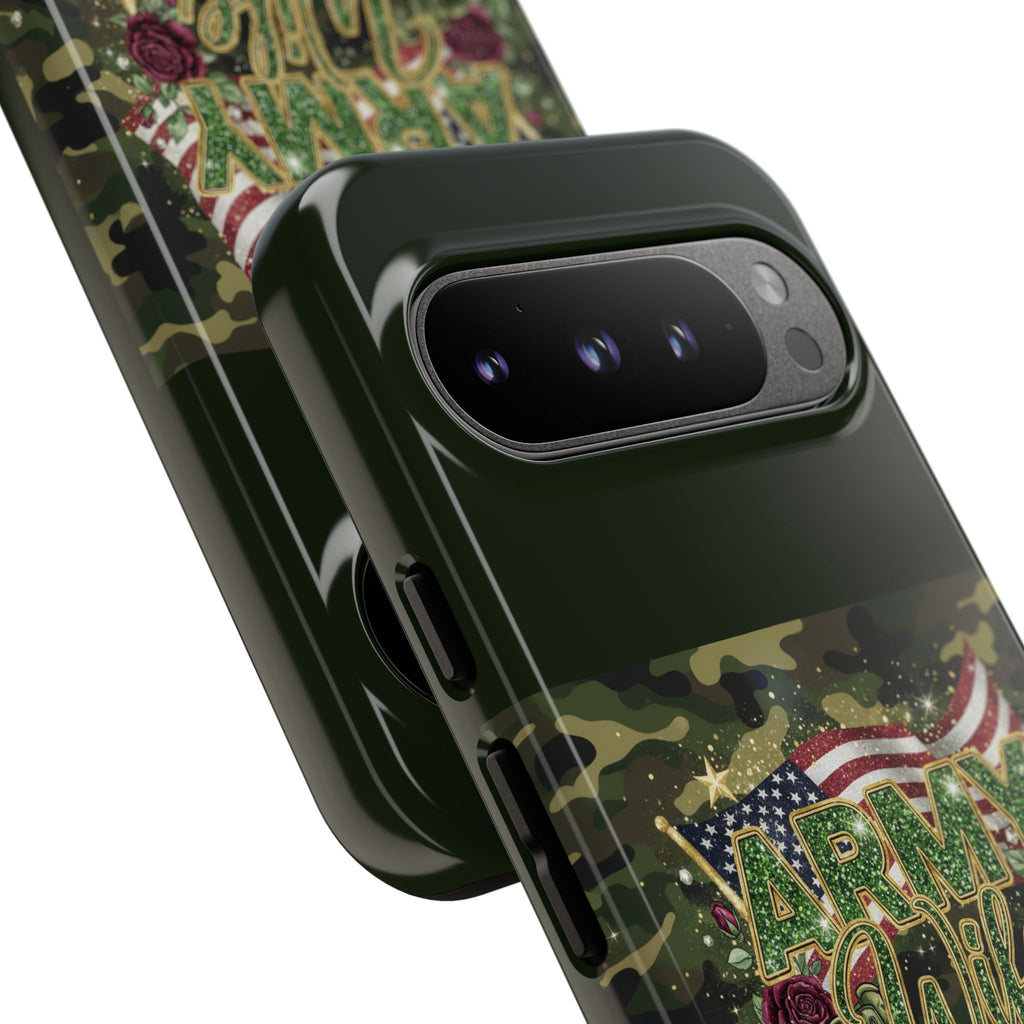 Army Wife Tough Phone Case — Camo Flag Design with Roses