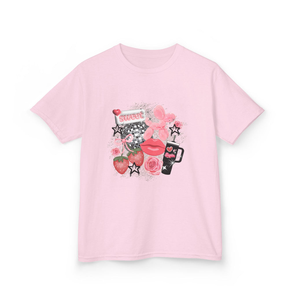 Kids Tee — Pink Floral Sticker Collage (Strawberries, Lips & Gadgets)