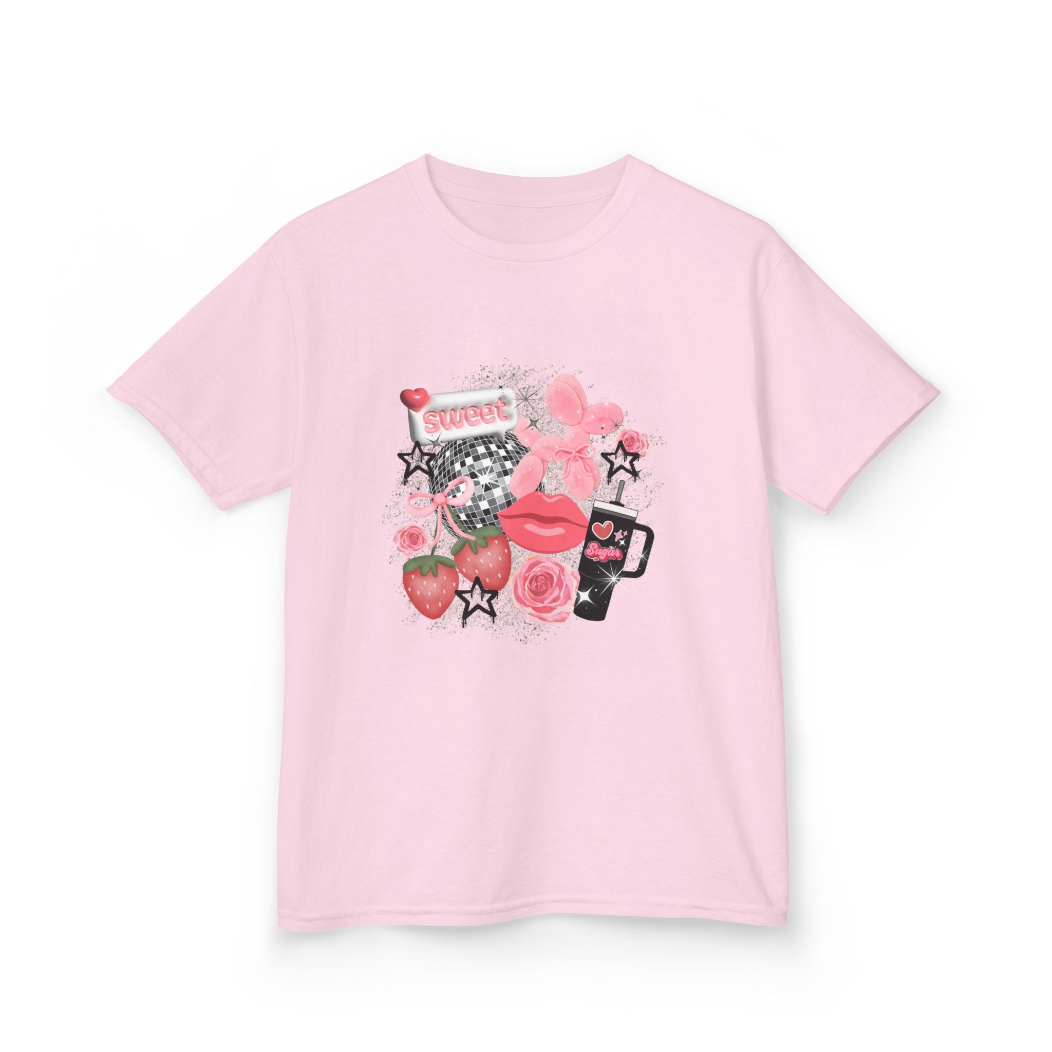 Kids Tee — Pink Floral Sticker Collage (Strawberries, Lips & Gadgets)