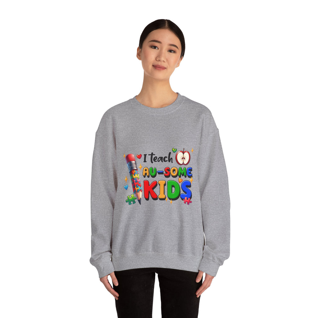Teacher Crewneck Sweatshirt — “I Teach Au-some Kids” Colorful Autism Awareness Design