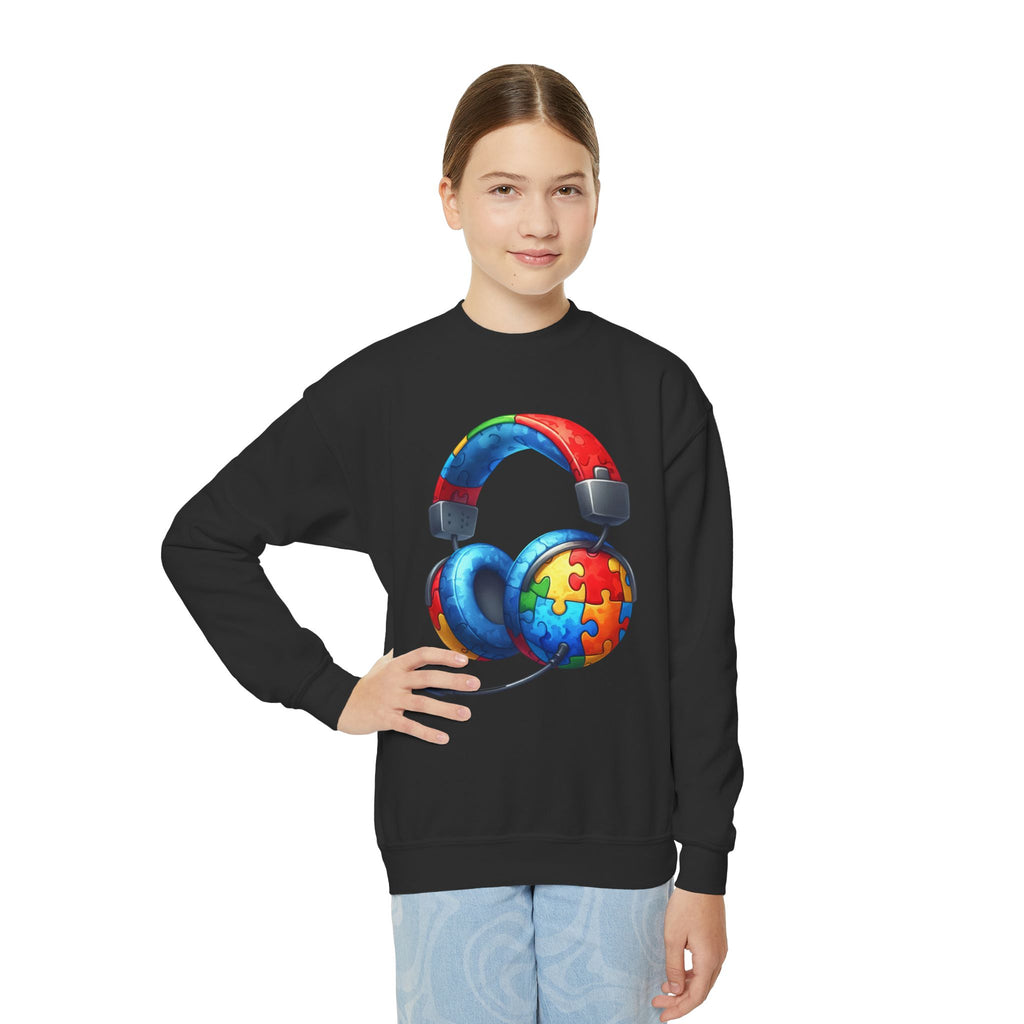 Youth Crewneck Sweatshirt — Colorful Headphones with Puzzle Heart Graphic (Autism Awareness)