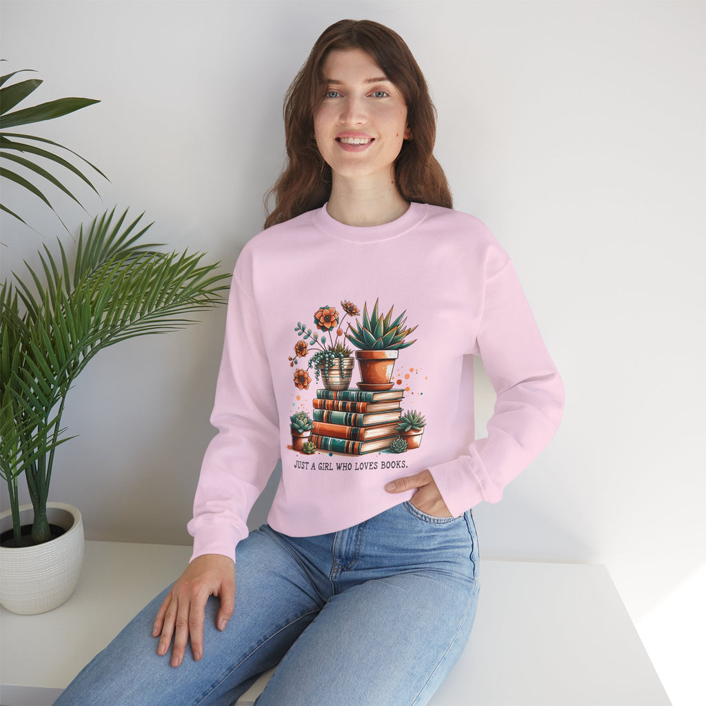 Booklover Sweatshirt — “Just a Girl Who Loves Books” Floral Plants & Stacks Crewneck