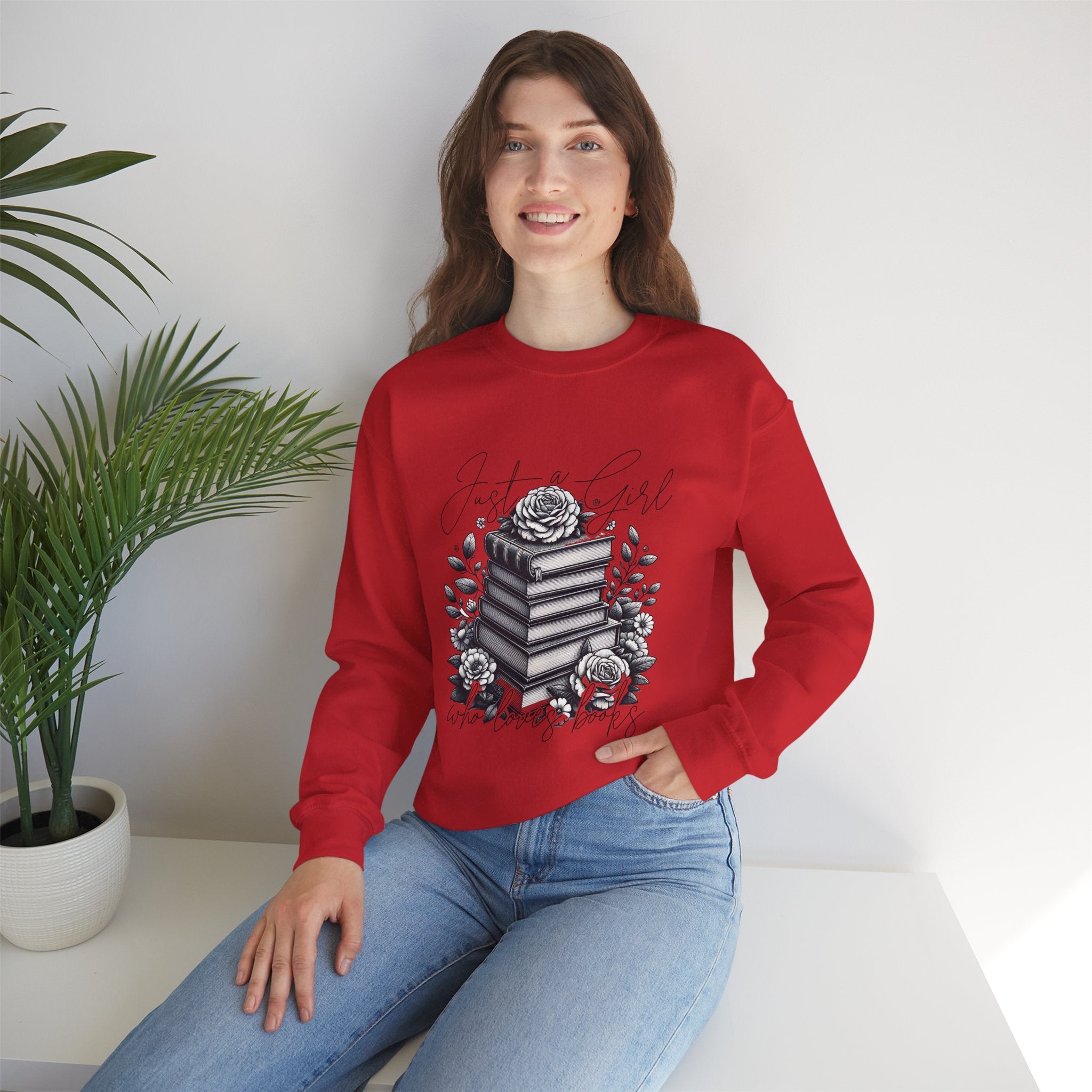 Book Lover Crewneck Sweatshirt — "Just a Girl Who Loves Books" Floral Stack Design