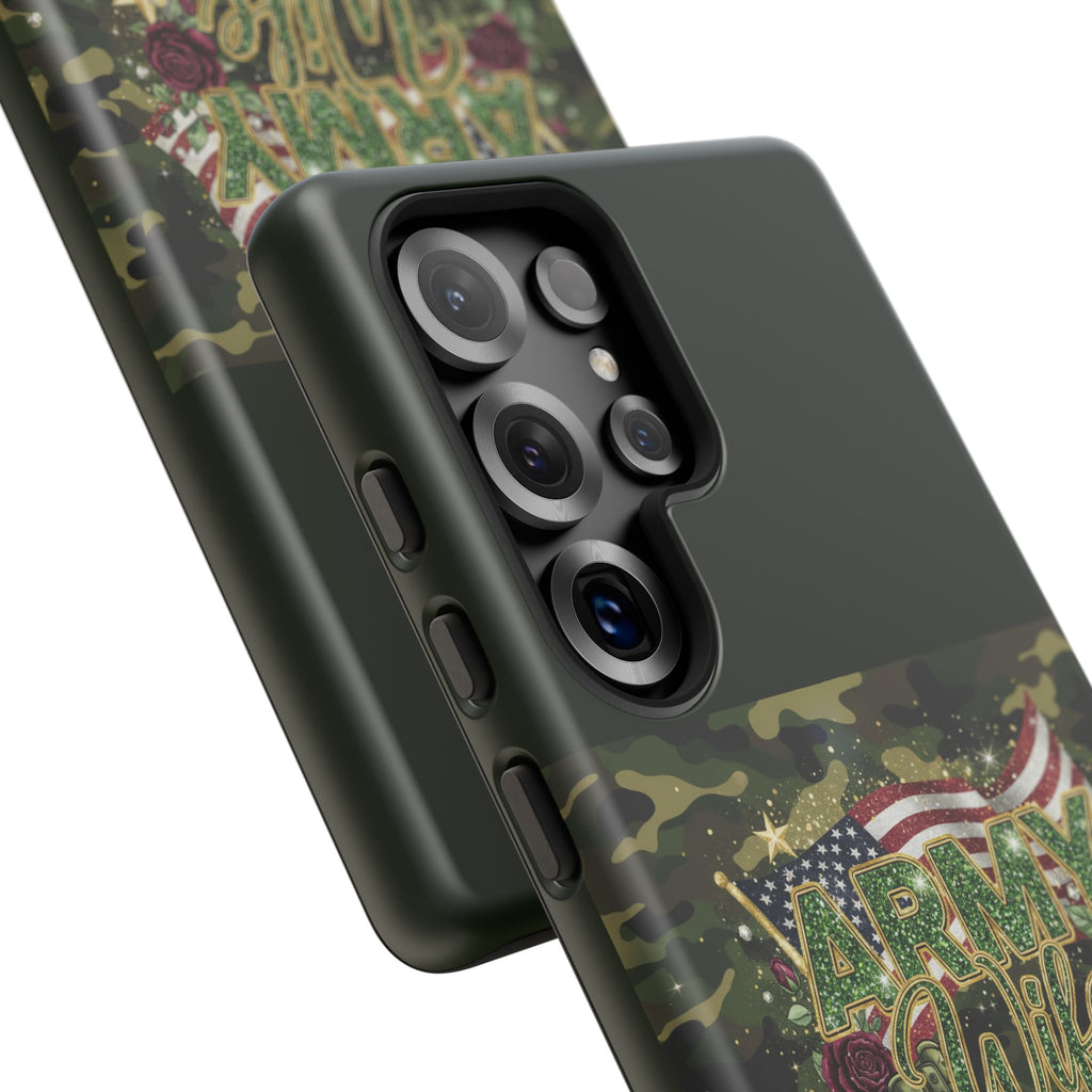 Army Wife Tough Phone Case — Camo Flag Design with Roses