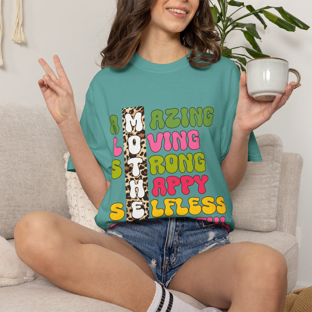 Mother Acrostic Graphic T-Shirt — Retro Bubble Letters & Leopard Accent