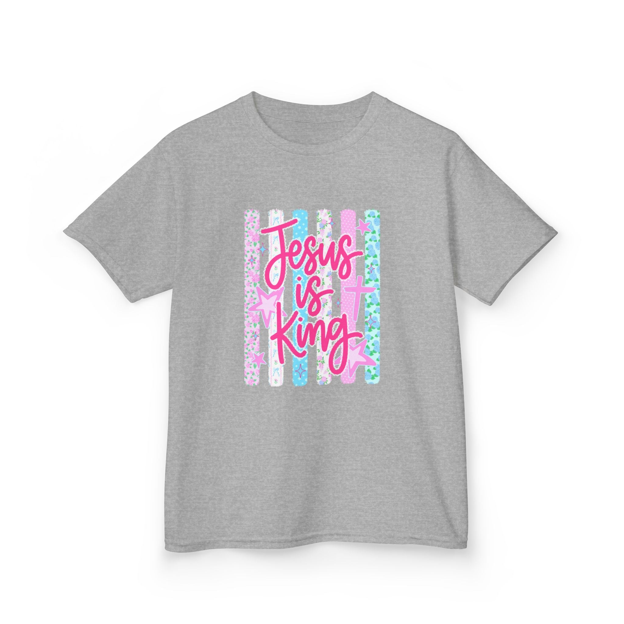 Kids Tee — "Jesus Is King" Pastel Striped Christian T‑Shirt