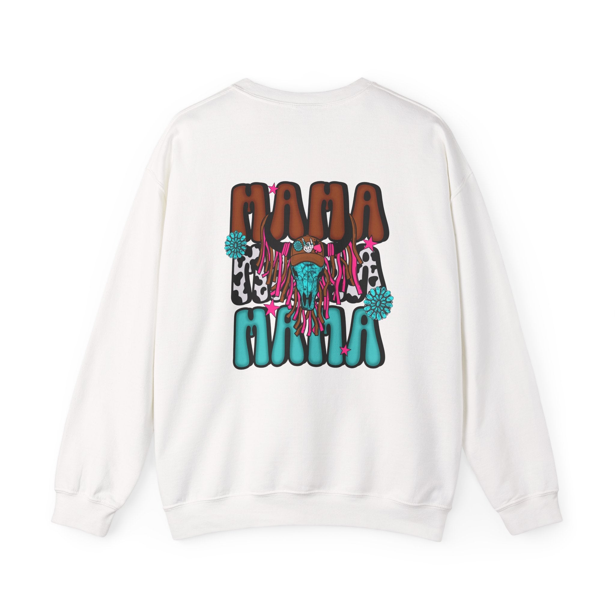 Double-sided Mama Cow Skull Graphic Sweatshirt — 'Ghana Mama' Retro Western Cow Print Pullover