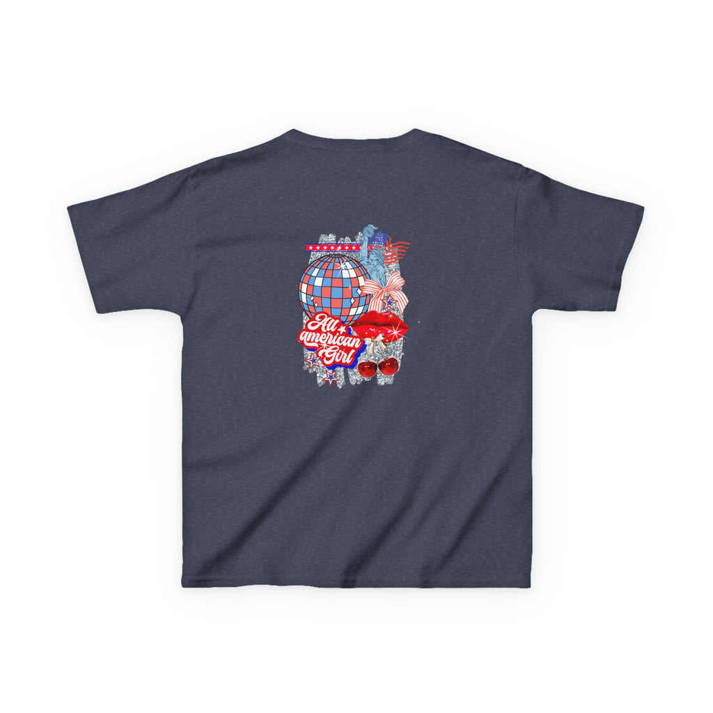 Kids Tee — Patriotic Cherry Graphic "All American Girl" — 4th of July Summer Shirt