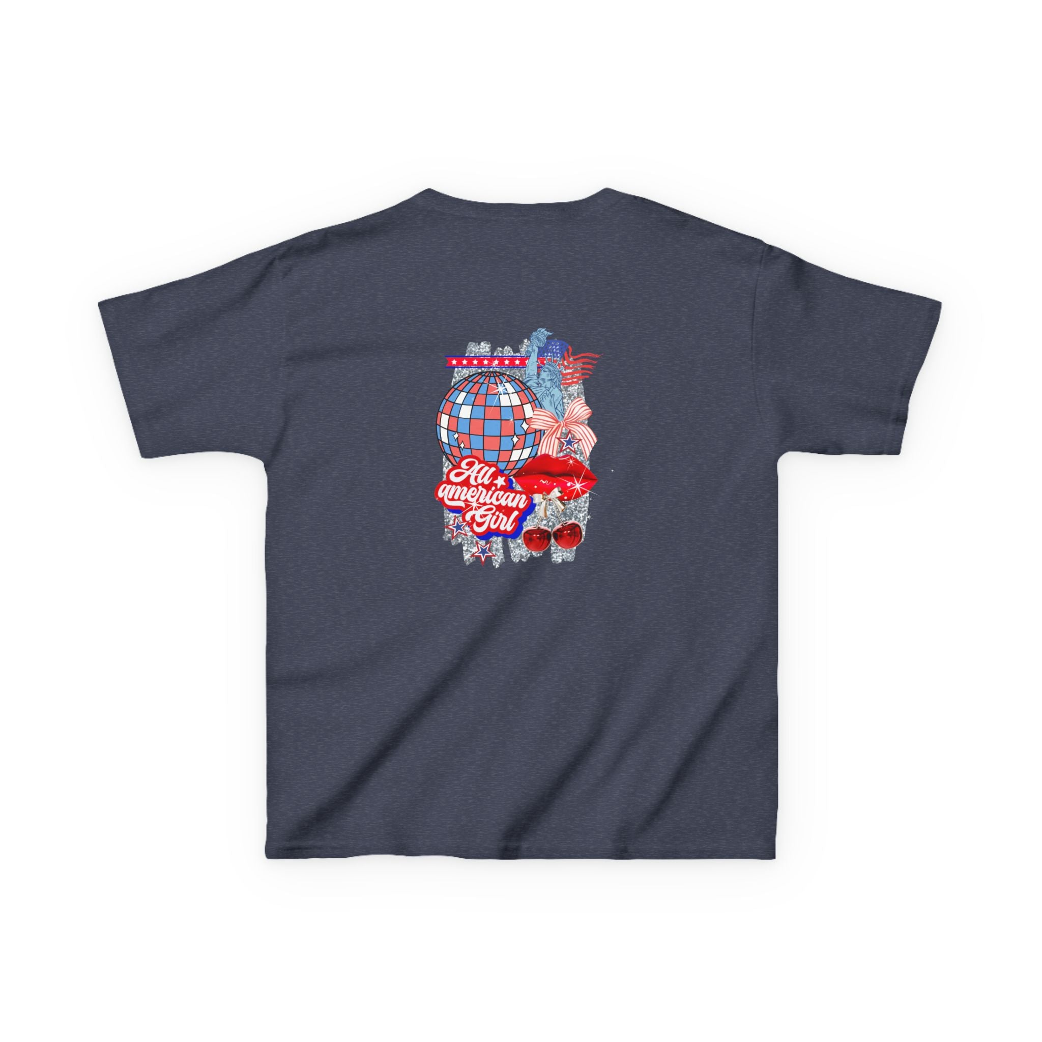 Kids Tee — Patriotic Cherry Graphic "All American Girl" — 4th of July Summer Shirt