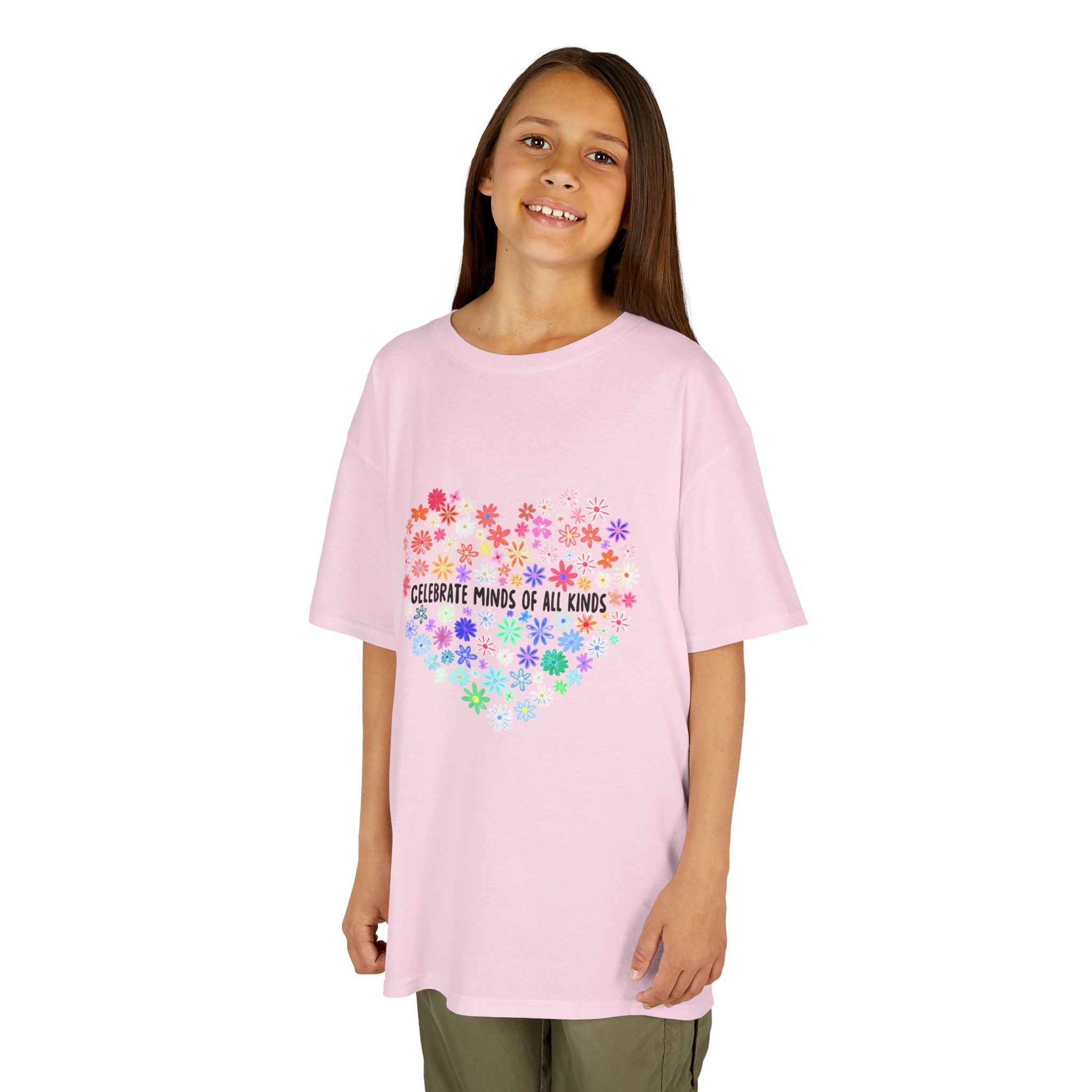 Kids T-Shirt — "Celebrate Minds of All Kinds" Rainbow Flower Heart