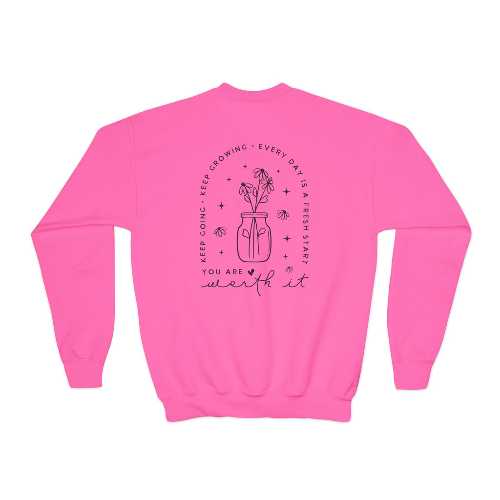 Youth Crewneck Sweatshirt — "You Are Worthy" Floral Graphic Sweatshirt