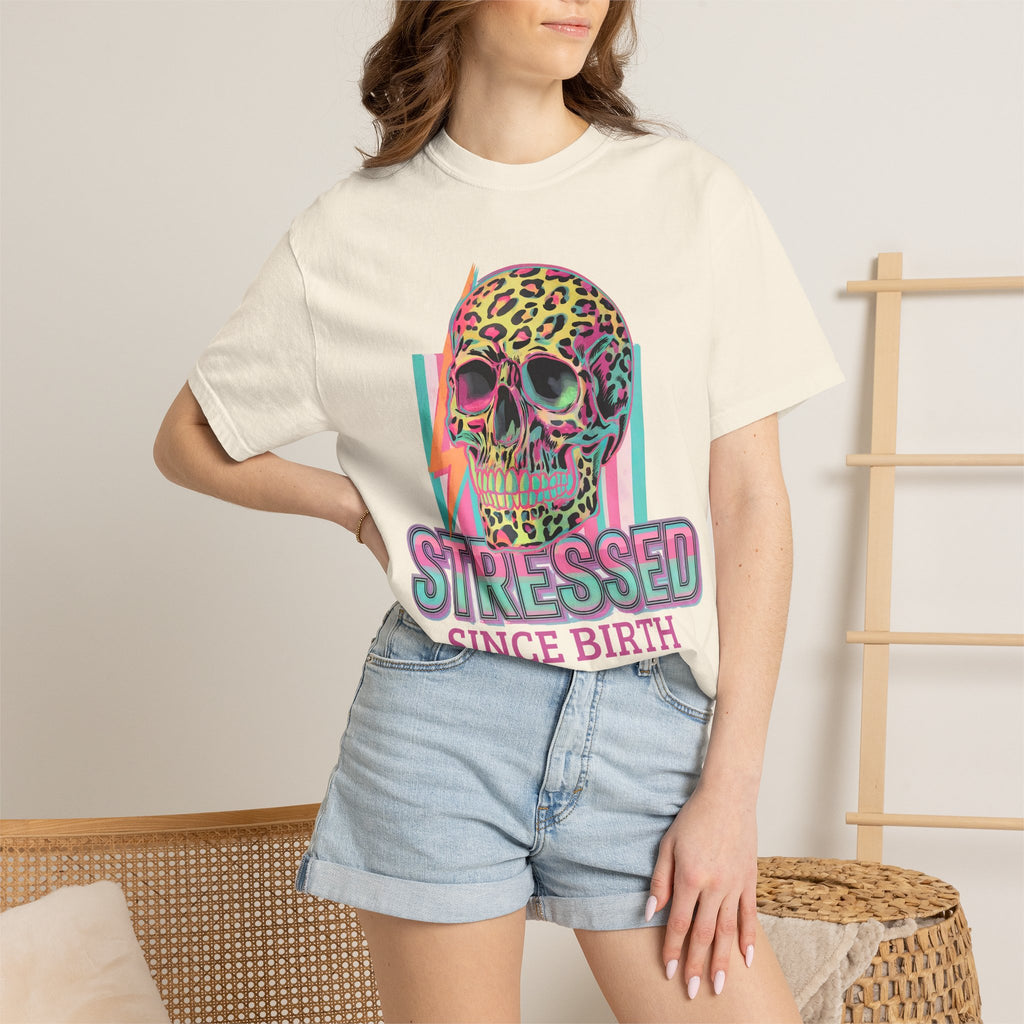 Stressed Since Birth T-Shirt — Neon Leopard Skull Graphic Tee