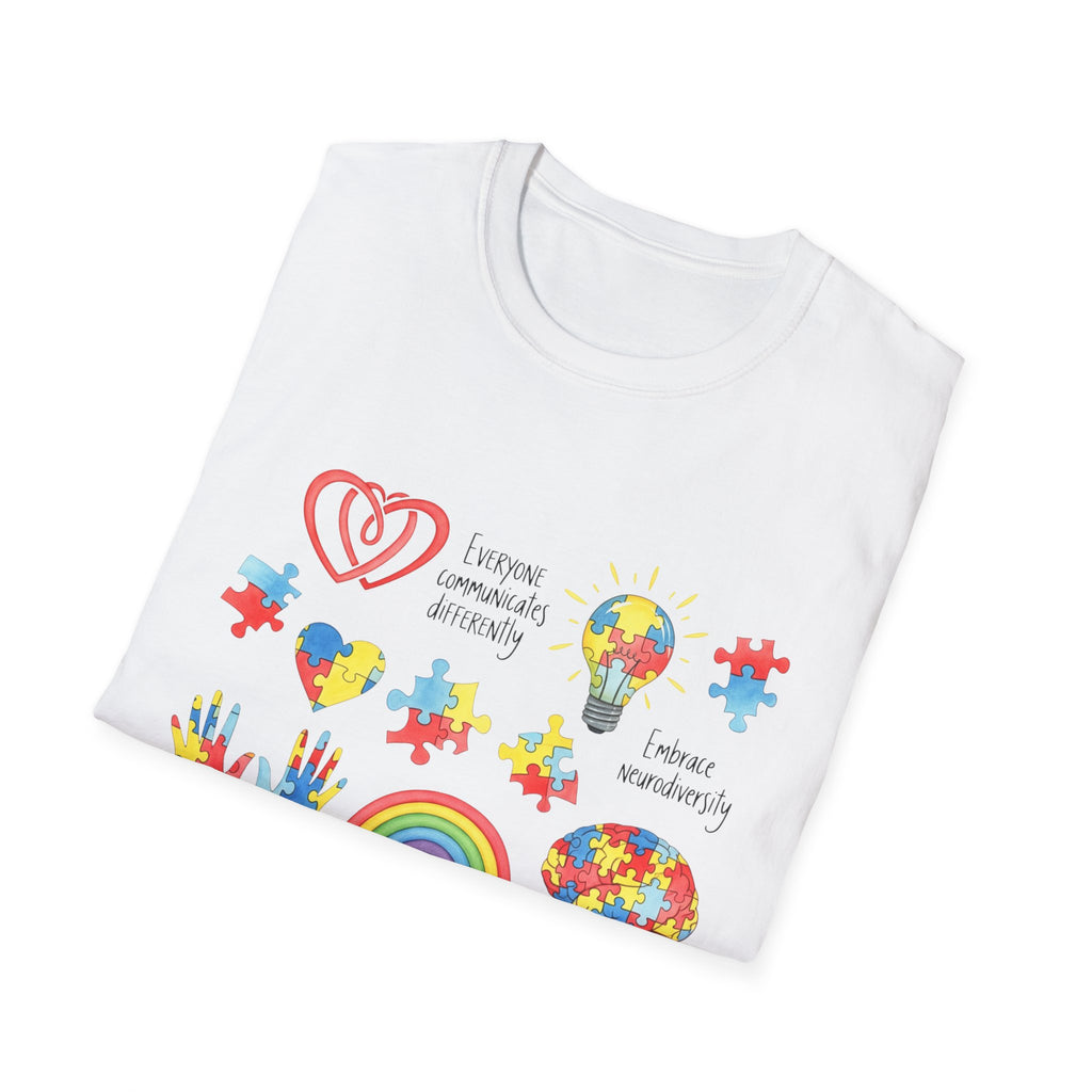 Autism Awareness Icons T-Shirt – Puzzle Heart, Rainbow & Support Symbols