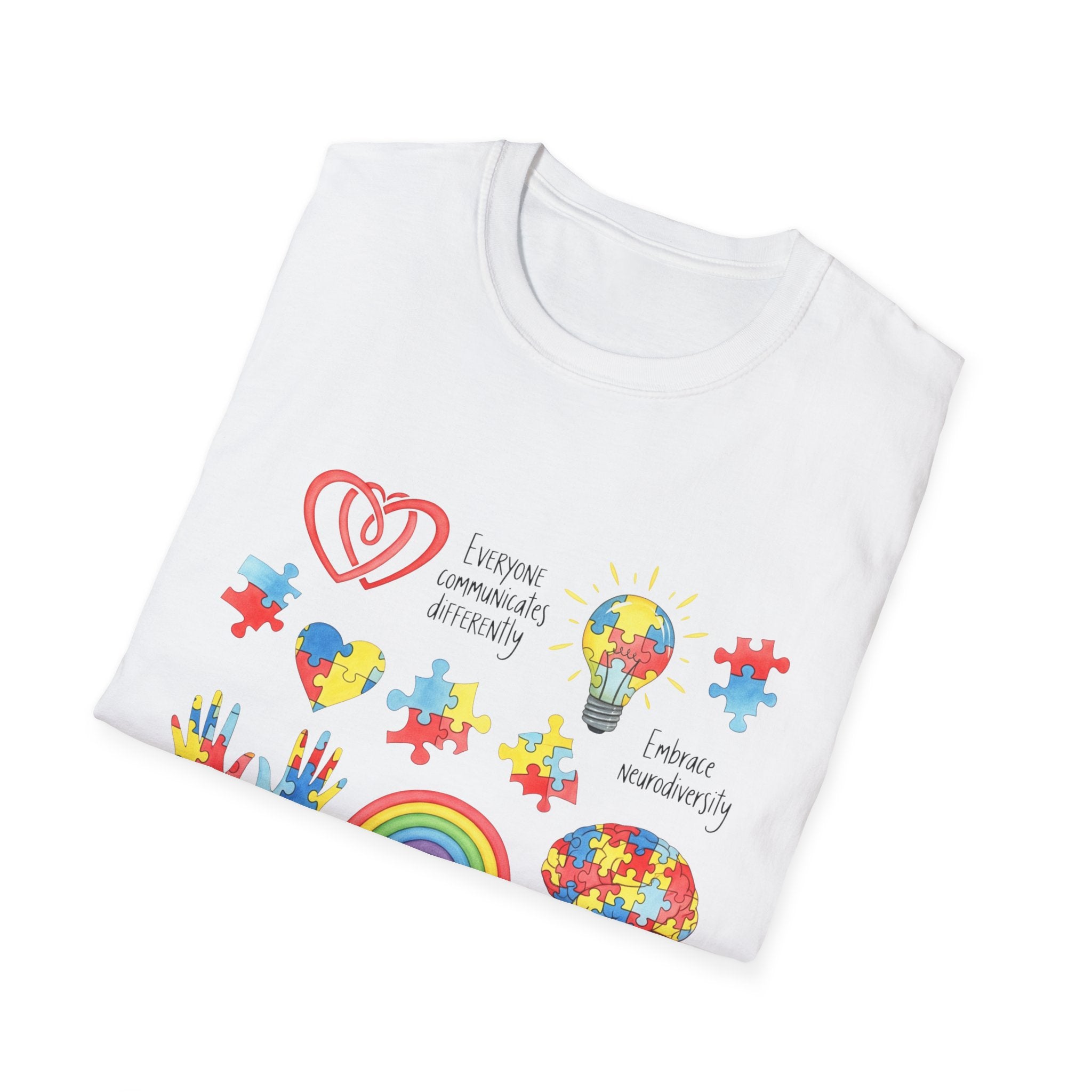 Autism Awareness Icons T-Shirt – Puzzle Heart, Rainbow & Support Symbols