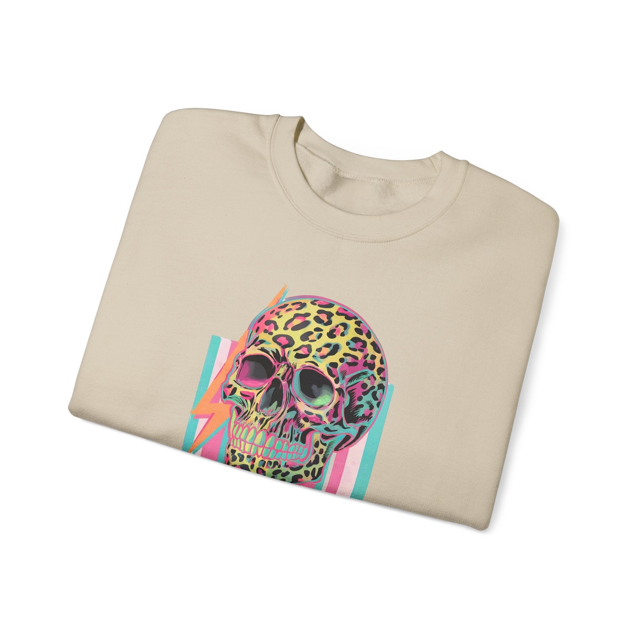 Stressed Since Birth Skull Crewneck Sweatshirt — Retro Neon Leopard Skull Pullover