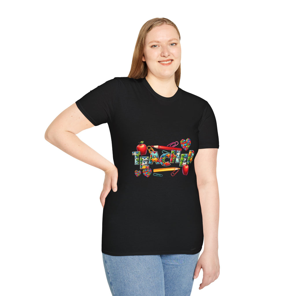 Teacher Appreciation T‑Shirt — Colorful School Icons & Hearts Design