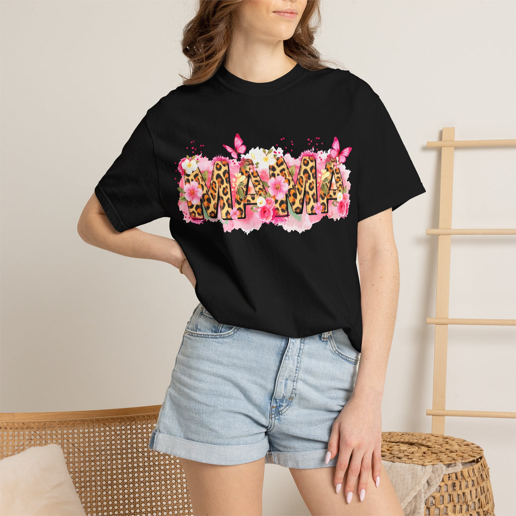 Mama Floral Leopard Graphic Tee — 'MAMA' Pink Butterfly Mother's Day T‑Shirt