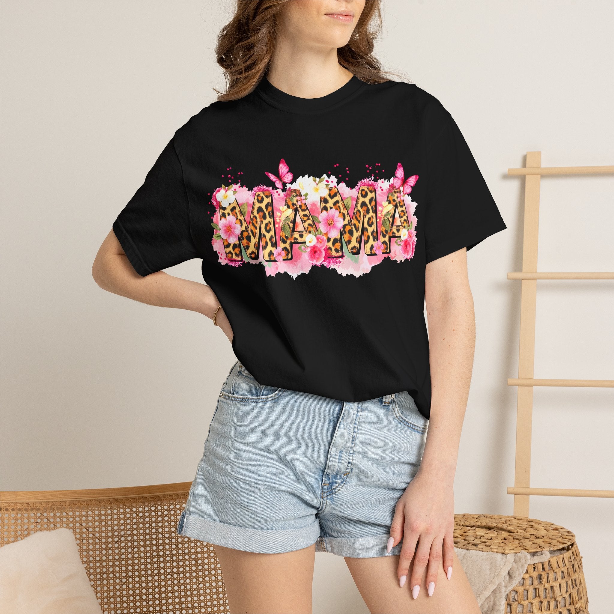Mama Floral Leopard Graphic Tee — 'MAMA' Pink Butterfly Mother's Day T‑Shirt