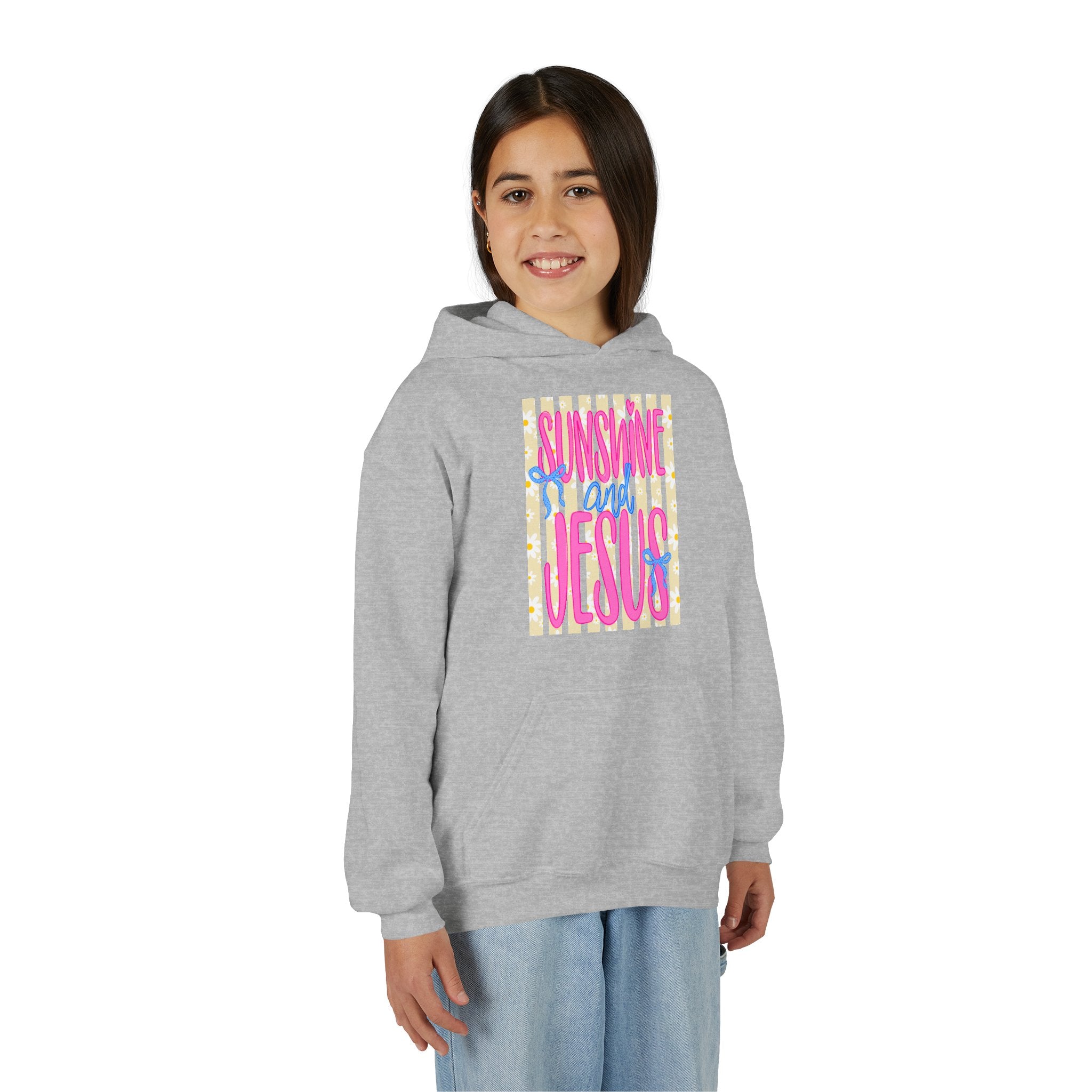 Youth Hoodie – "Sunshine & Jesus" Colorful Faith Graphic