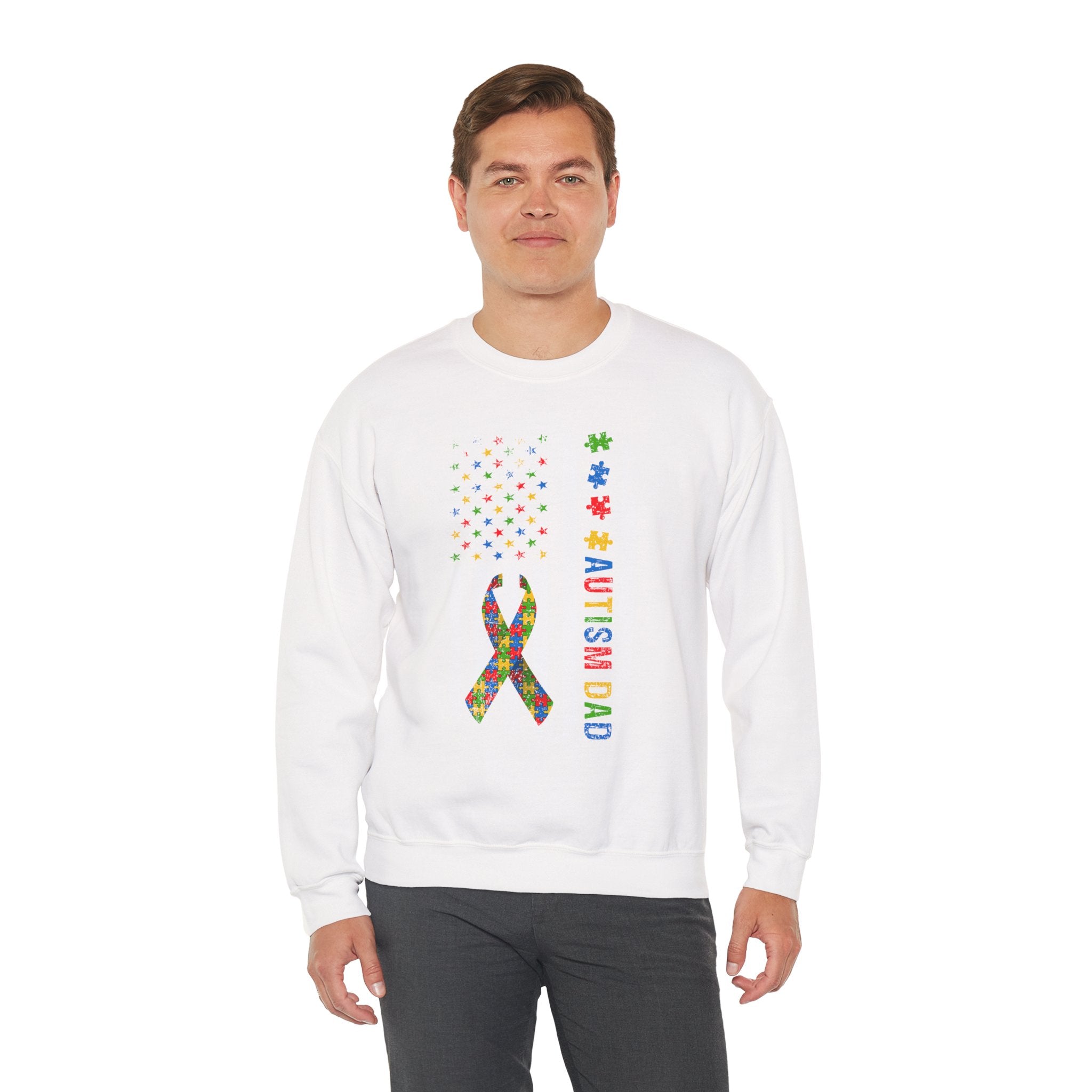 Autism Dad Puzzle Ribbon Crewneck Sweatshirt — Supportive Autism Awareness Pullover