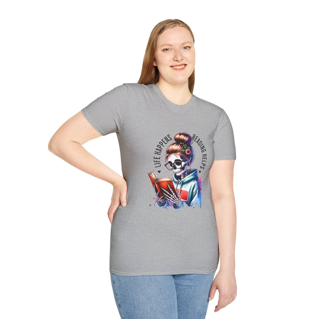 Reading Skull T-Shirt — "Life Happens, Reading Help" Gothic Booklover Tee