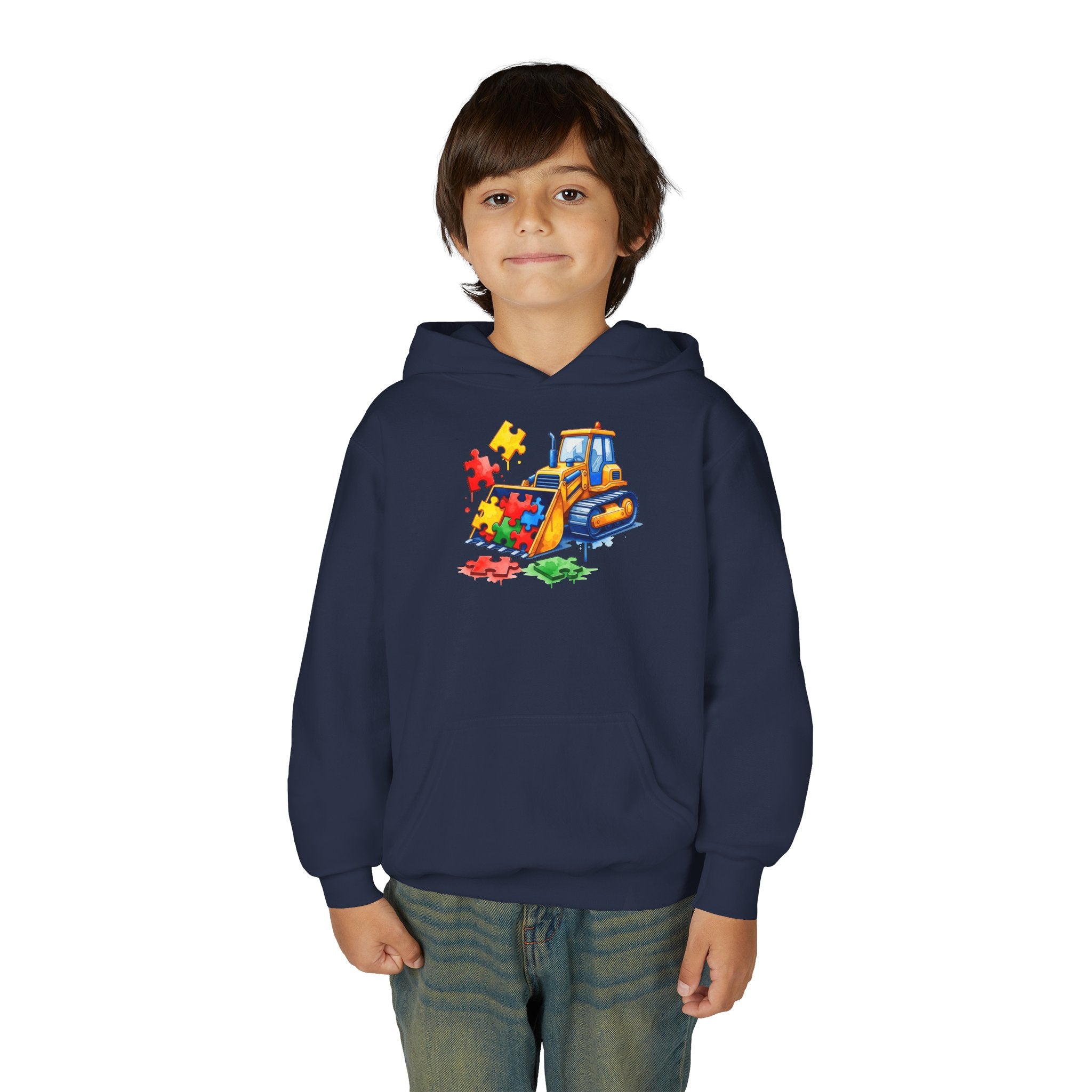 Youth Puzzle Bulldozer Hoodie — Kids Construction Truck Sweatshirt