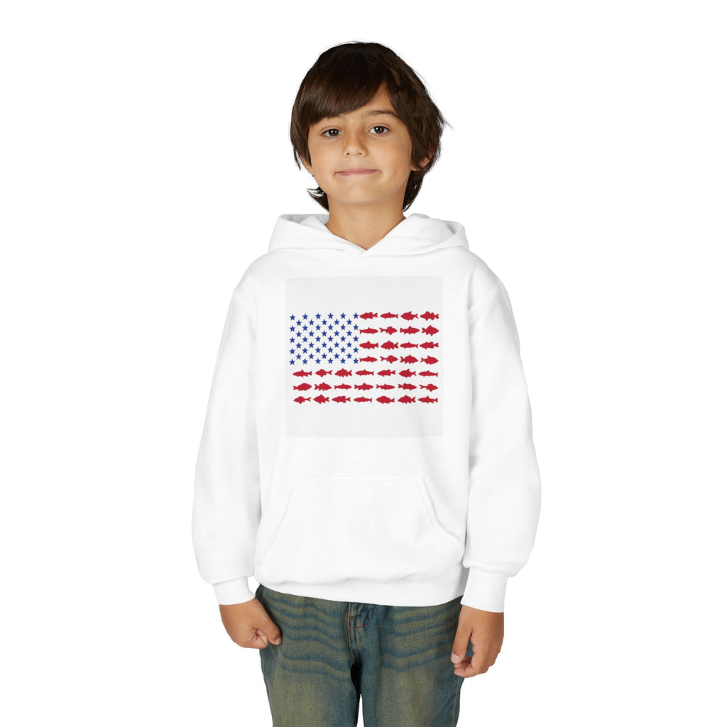 Youth Hoodie — American Flag Made of Fish Graphic (Patriotic Kids Fishing Gift)