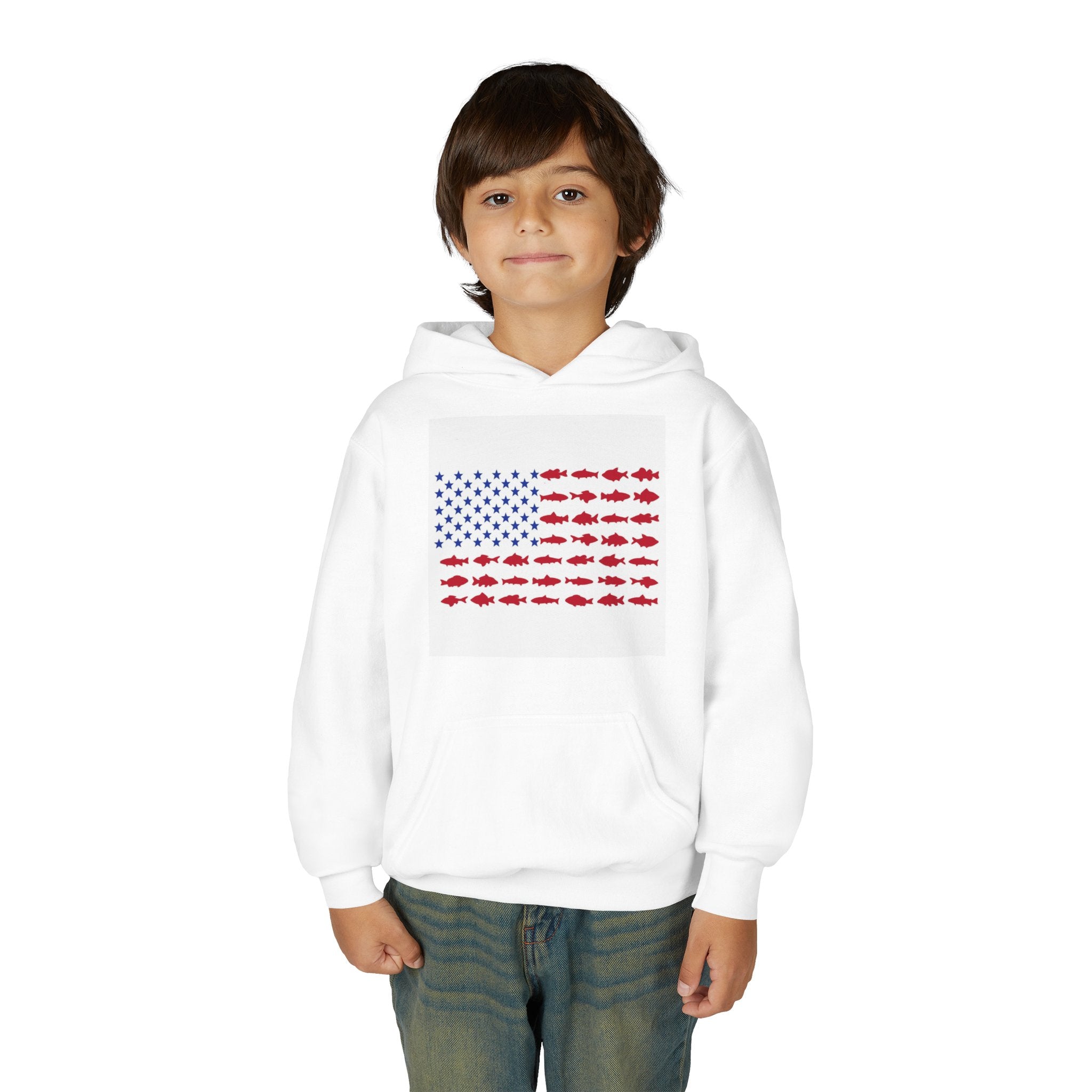 Youth Hoodie — American Flag Made of Fish Graphic (Patriotic Kids Fishing Gift)