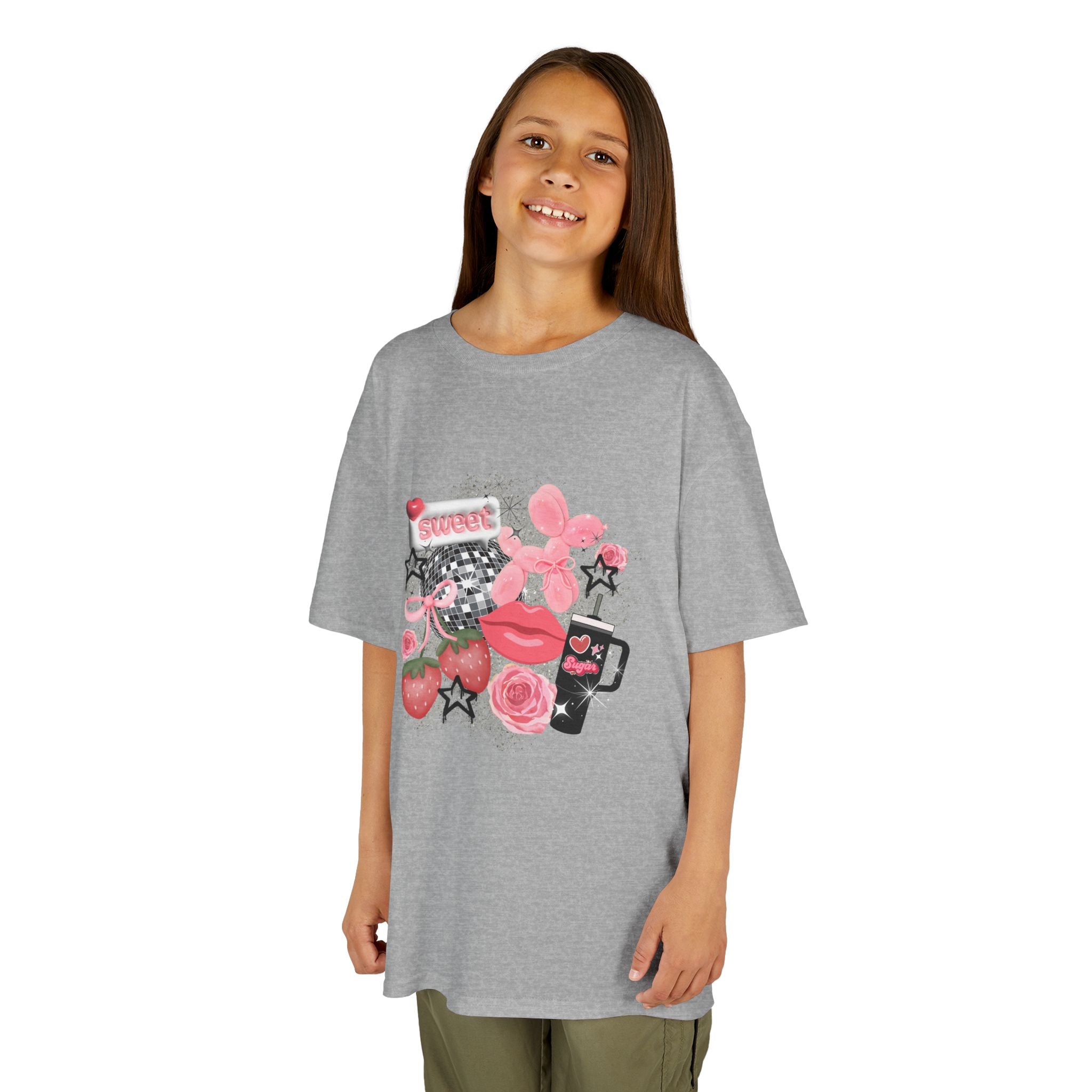 Kids Tee — Pink Floral Sticker Collage (Strawberries, Lips & Gadgets)
