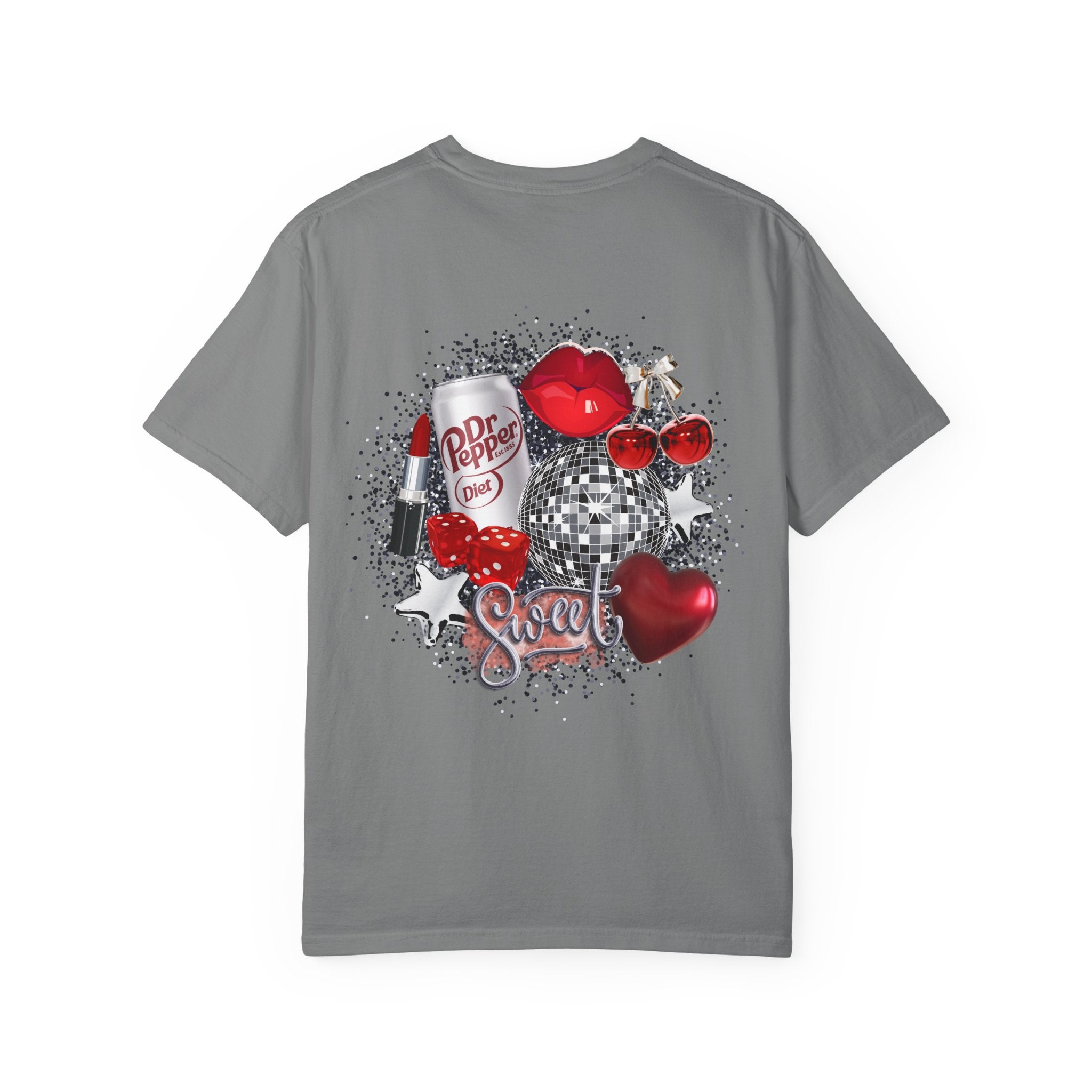 Cherry Disco Graphic T-Shirt — Retro Red Heart & Soda Pop Design