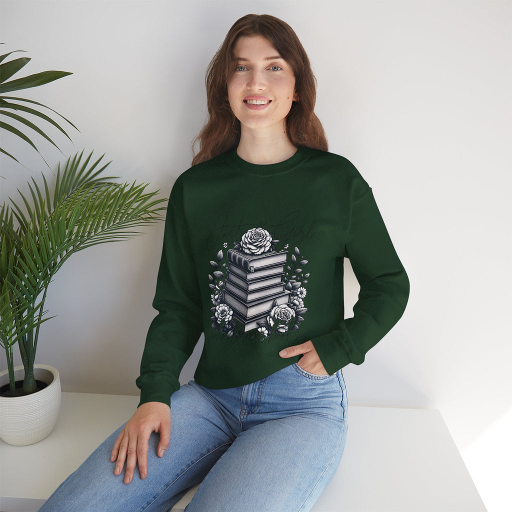 Book Lover Crewneck Sweatshirt — "Just a Girl Who Loves Books" Floral Stack Design