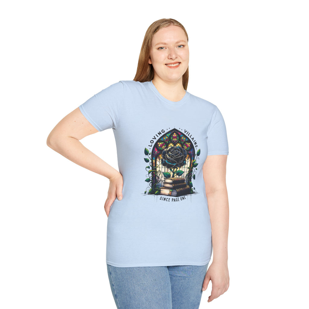 Loving Villains Rose Window T-Shirt — Gothic Floral 'Since Page One' Tee